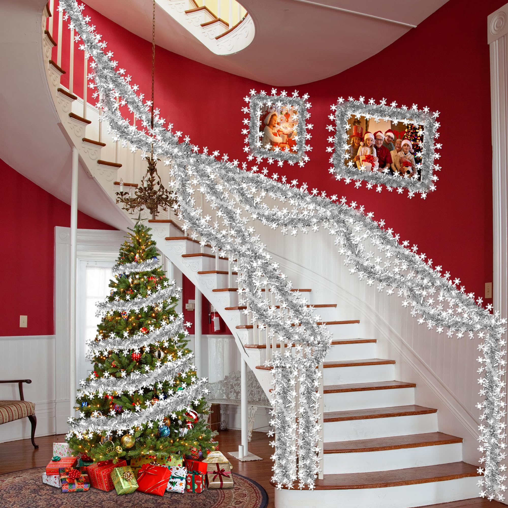 50 FT Christmas Decorations Tinsel Garland, Christmas Snowflake Garland Xmas Shiny Twist Metallic Garlands Decorations for Xmas