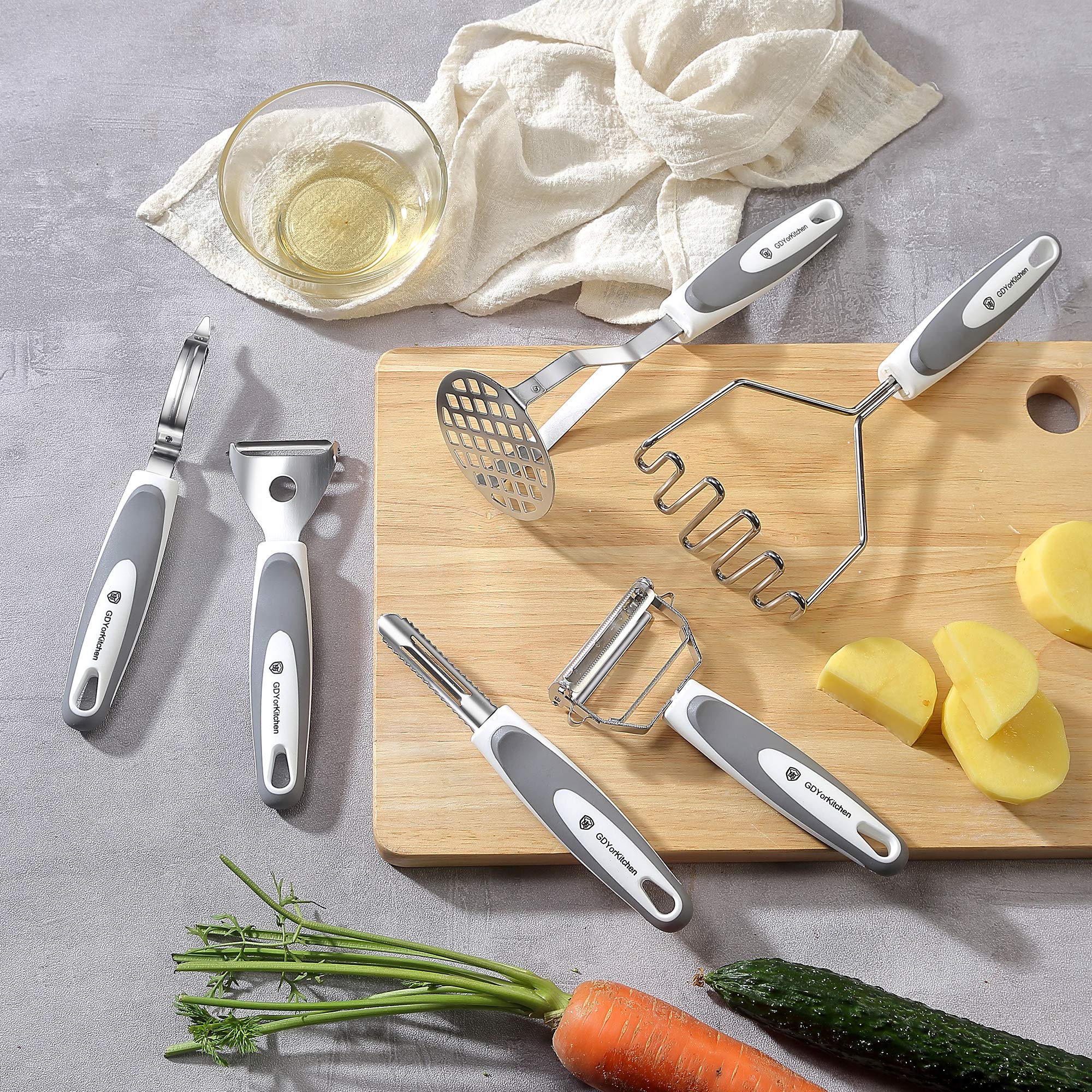 Stainless Steel Potato Masher & Peeler Set (6Pcs Set - Gray) - Includes Potato Masher, Wire Masher, Multi-Purpose Peelers, Comfo