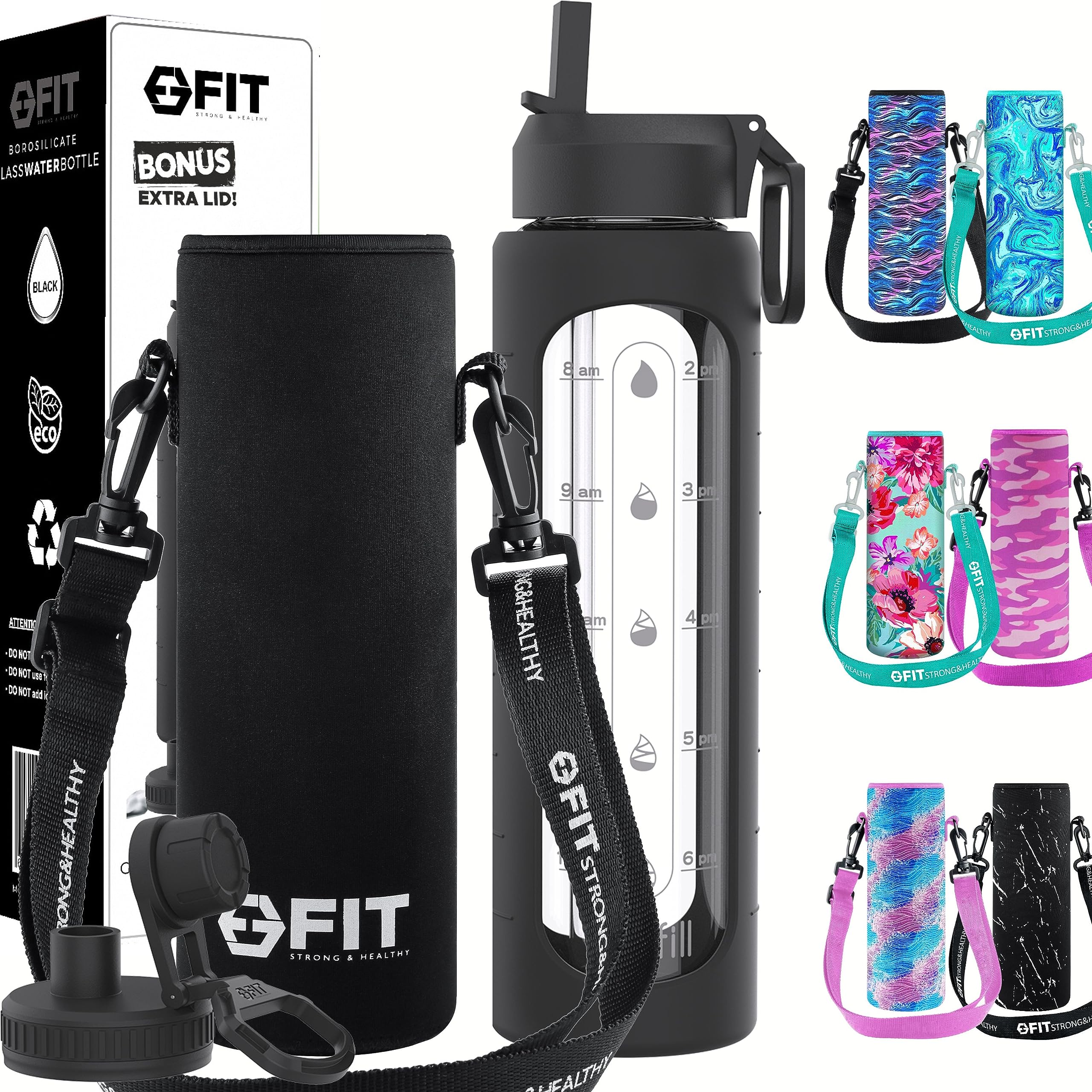 32 Oz Glass Water Bottle With Straw Lid, Time Marker, Sleeve, Extra Lid & Water Bottle Holder With Strap - Motivational, Wide Mo
