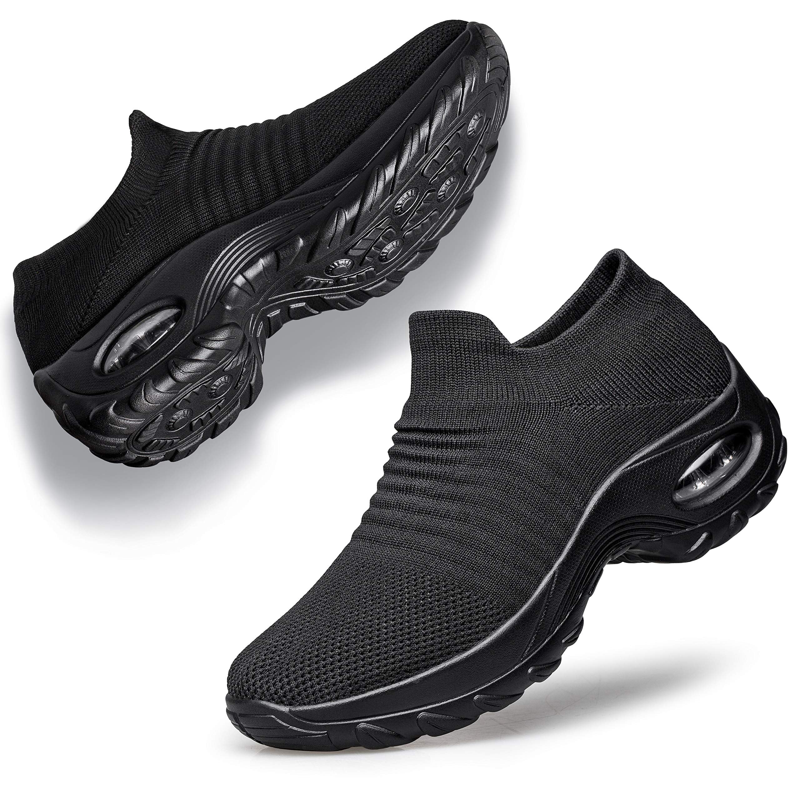 Yhoon Womens Walking Shoes - Sock Sneakers Slip On Mesh Platform Air Cushion Athletic Shoes Work Nurse Comfortable Black 9