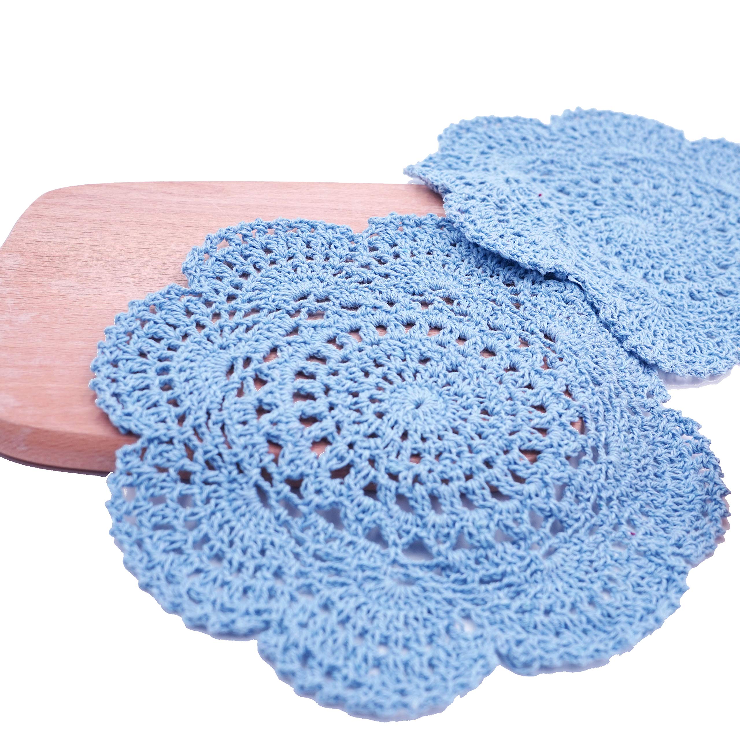 Phantomon 8 Inch Doilies Crochet Round Lace Doily Handmade Placemats 100% Cotton Crocheted Coasters, Pack Of 4 (Blue)