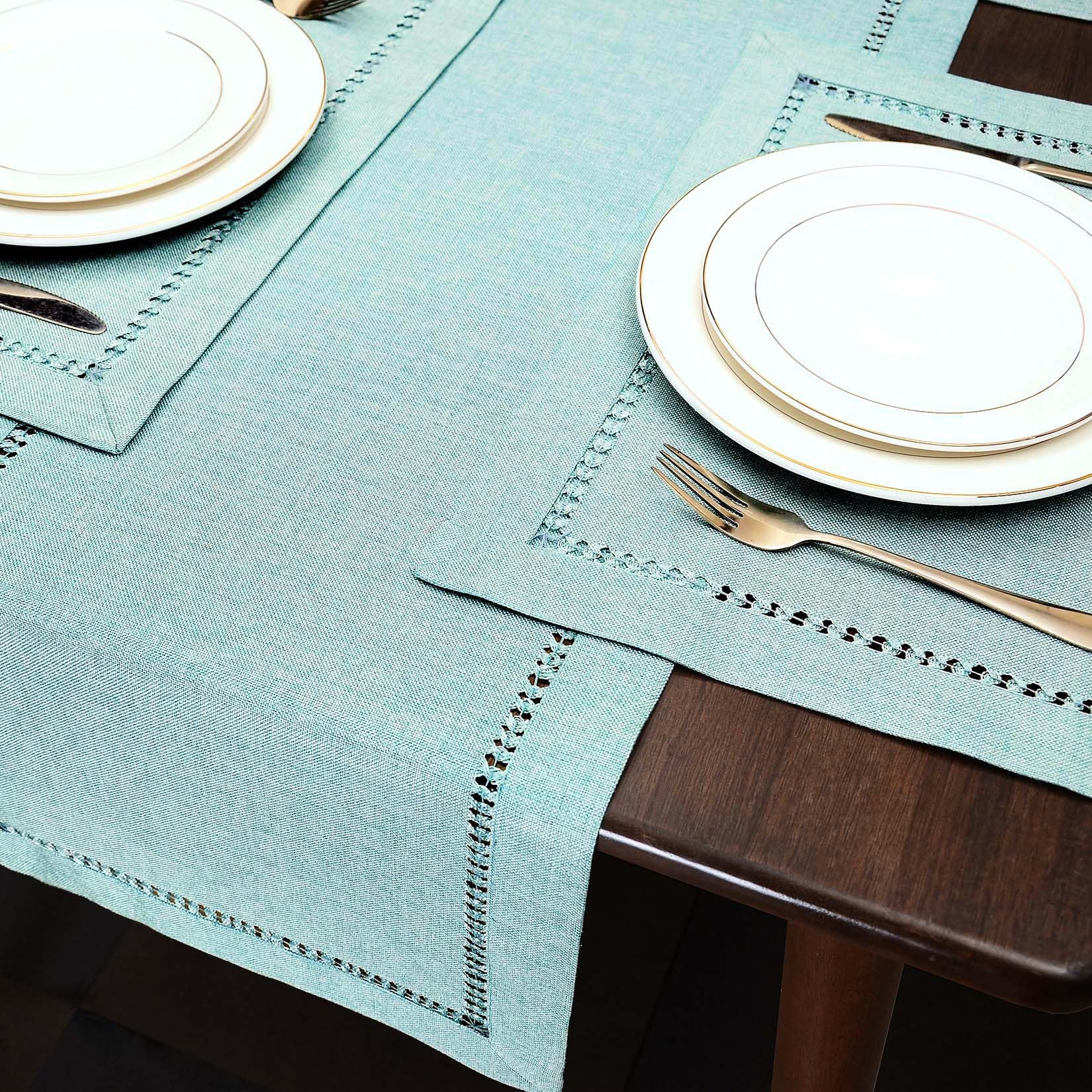 Grelucgo Handcrafted Solid Color Dining Table Runner, Dresser Scarf, Double-Hemstitched (Aqua, 14 X 48)