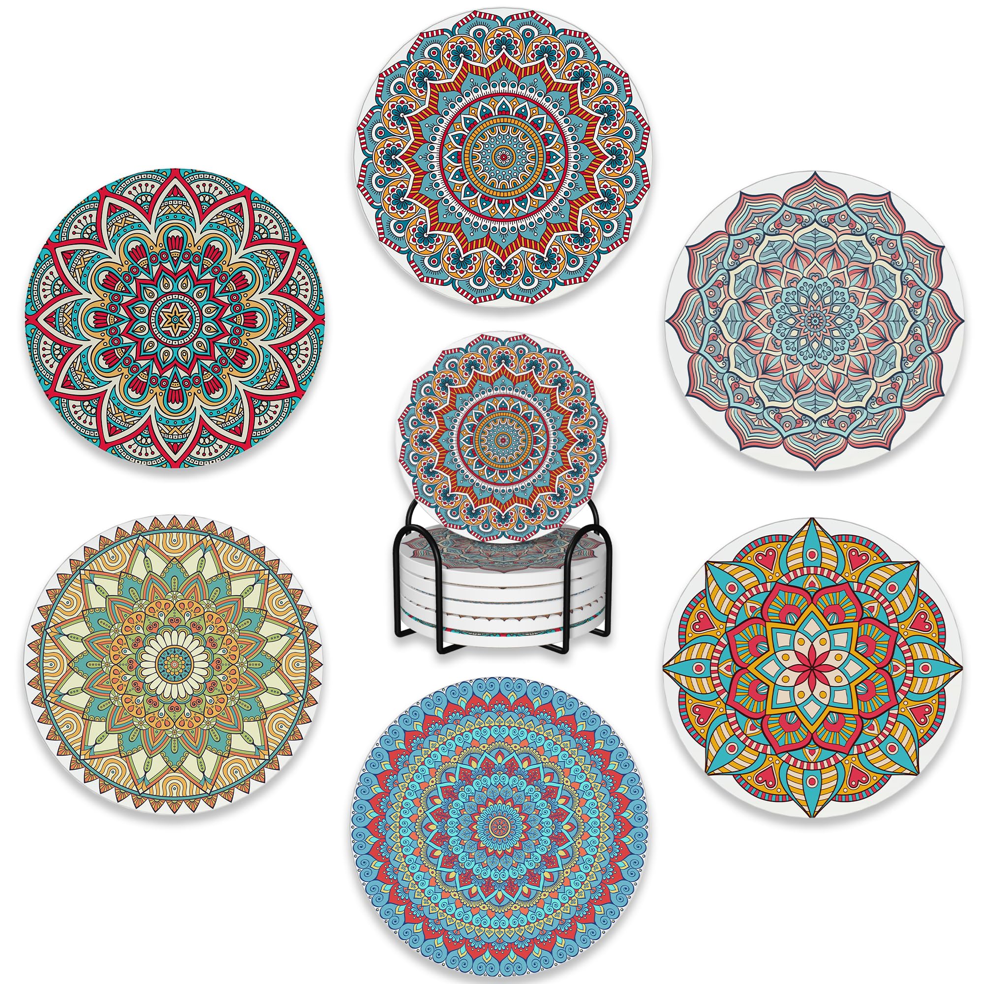 Drink Coasters Set Of 6 With Holder,Mandala Boho Flower Absorbent Ceramic Coasters With Cork Base,Fit All Cups,Tabletop Protecti
