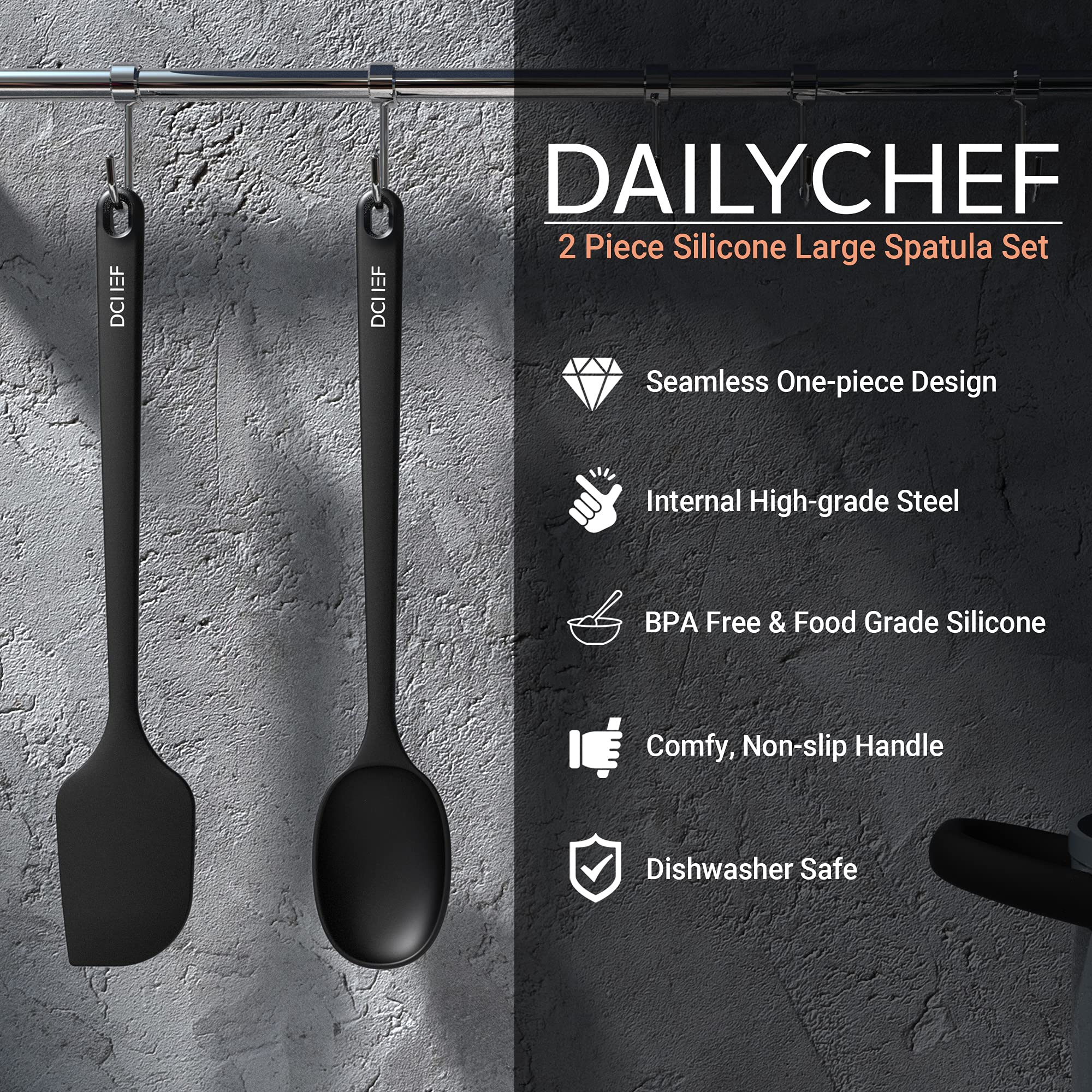 Dailychef 2 Pack Large Silicone 14 Inch Spatula & Spoonula Set With 600F Heat Resistant One Piece Design Seamless Rubber Kitchen