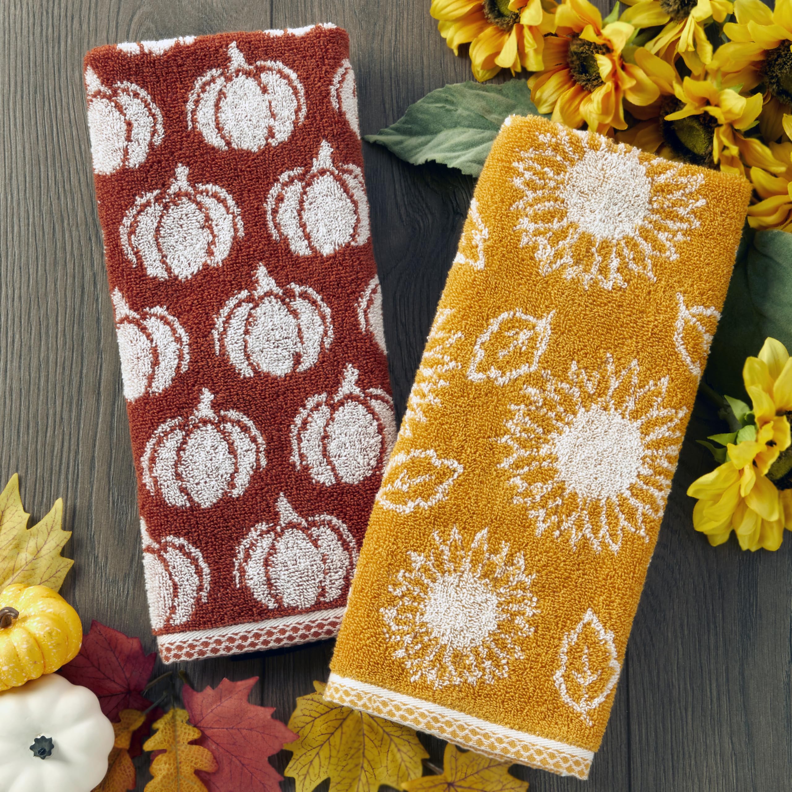 Skl Home Fall/Harvest Sunflower Hand Towel 2Pc Set For Bath/Kitchen & Gift, Yellow