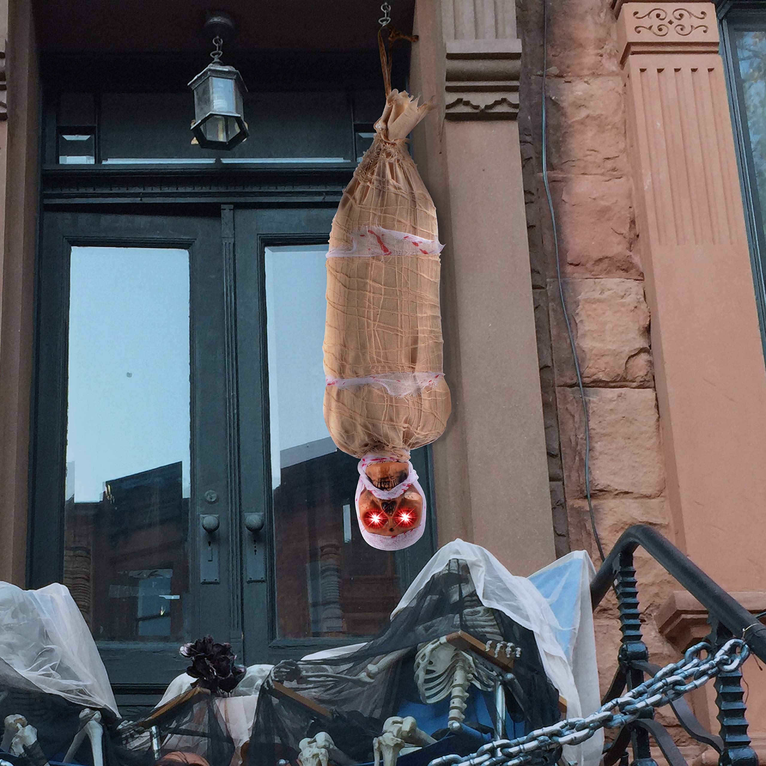 JOYIN 35 Halloween Animated Hanging Cocoon Corpse Decoration, Dead Body Prop with LED Light Up Eyes & Sound Effect, Spooky Corps