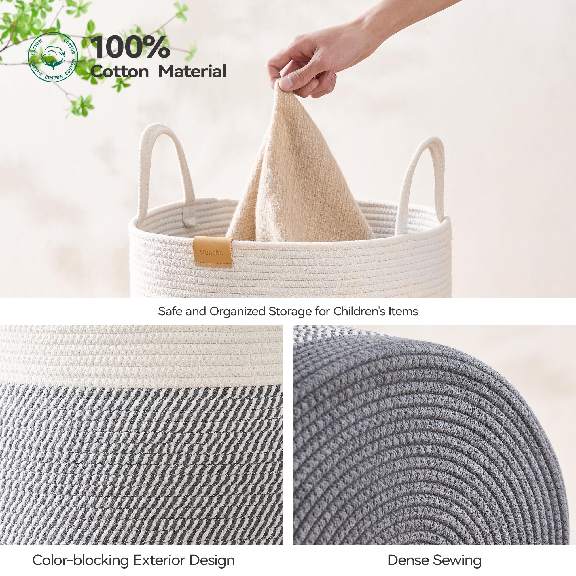Nunsino 95L Laundry Hamper Basket,Baby Nursery Woven Storage Basket For Toys Bin,Pillows,Blankets,Clothes,Grey&White
