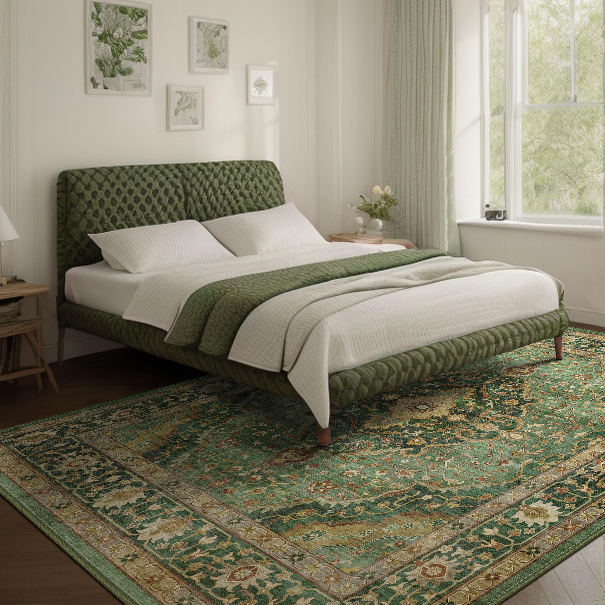 Deerly Green Rug 8x10 Area Rug for Living Room Bedroom Washable Rugs Large Boho 8x10 Rug for Dining Room Carpet Non-Slip Distres