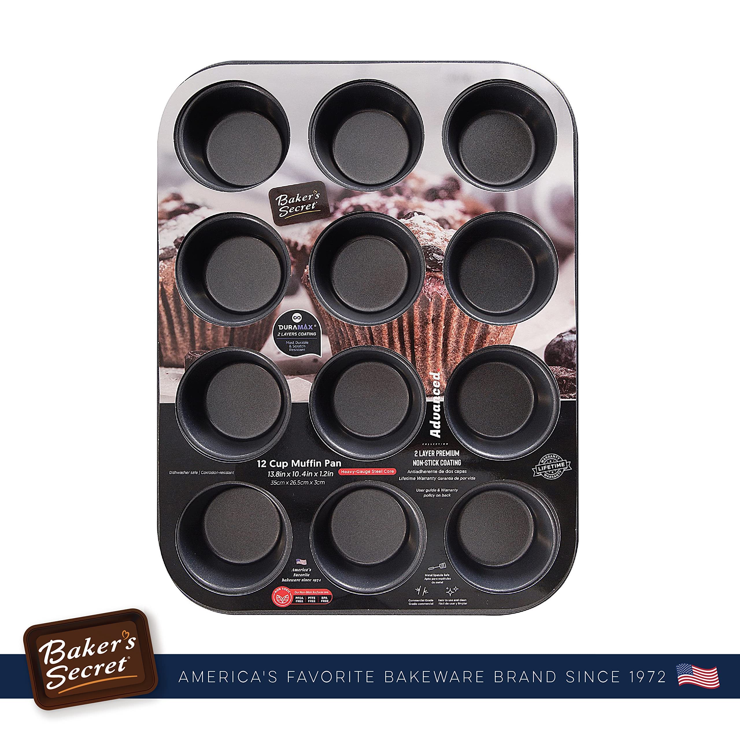 Baker'S Secret 12Cup Muffin Pan Cupcake Nonstick Pan - Carbon Steel Pan Muffins Cupcakes 2 Layers Non Stick Coating Easy Release