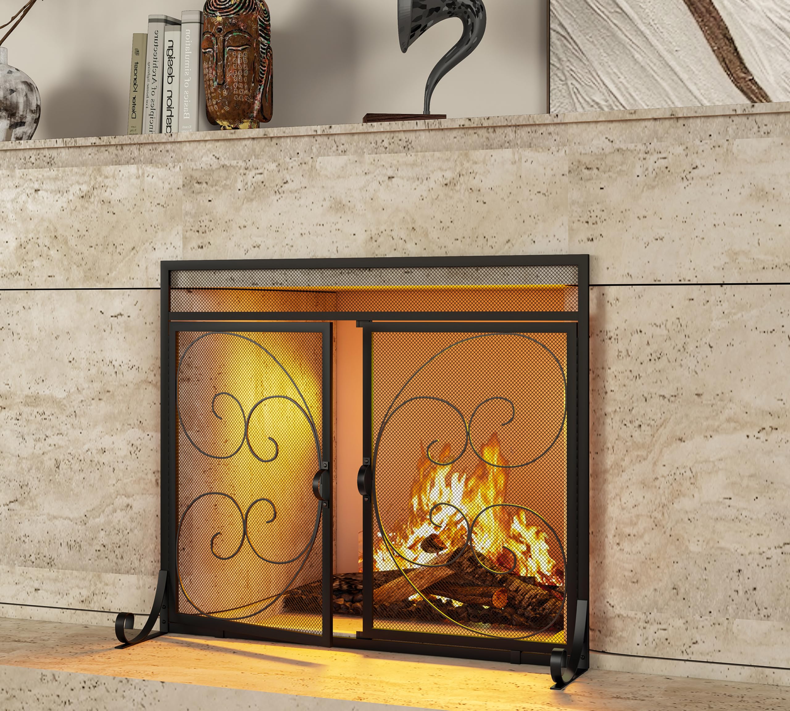 Kingson Flat Fireplace Screen With Hinged Doors Handcrafted Wrought Iron Classical Scroll Durable Metal Mesh Decorative Free Sta