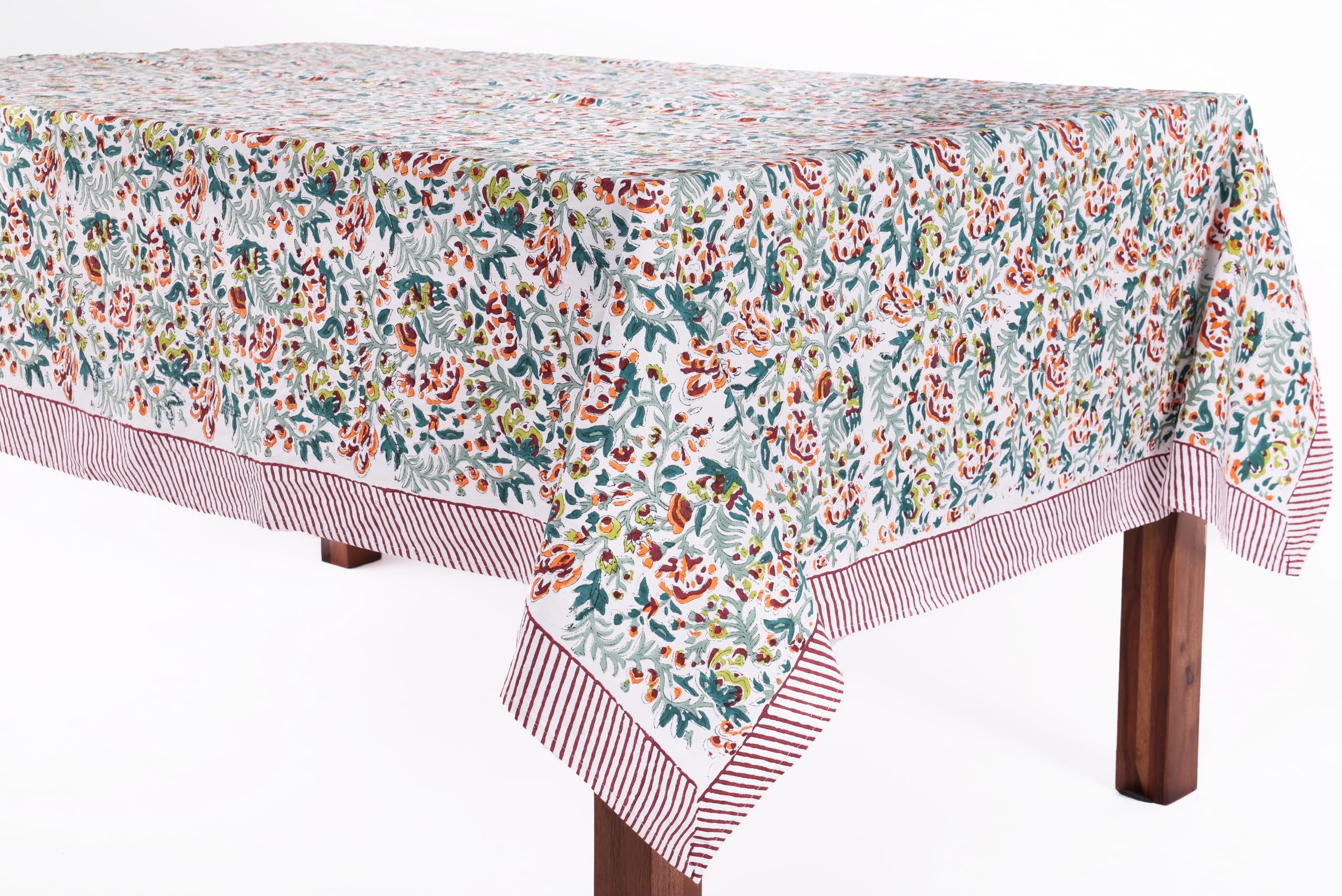 ATOSII Ambrosia Green 100% Cotton Rectangle Fall Tablecloth, Handblock Floral Print Linen Table Cloth for Kitchen Dining I Weddi