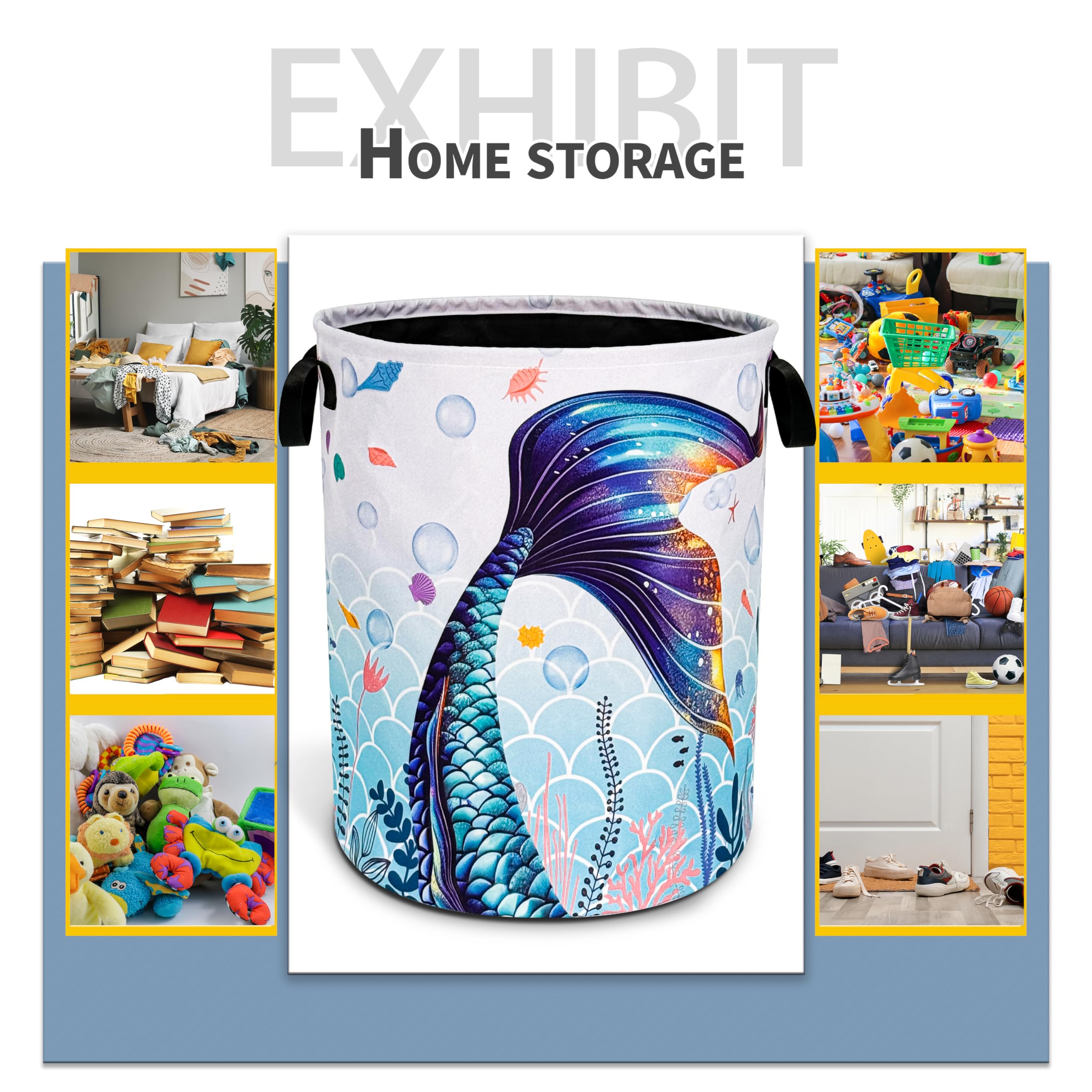 Blue Purple Mermaid Tail Laundry Basket Beautiful Foldable Oxford Cloth Funny Tote Bag Laundry Hamper Clothes Storage Bucket Toy