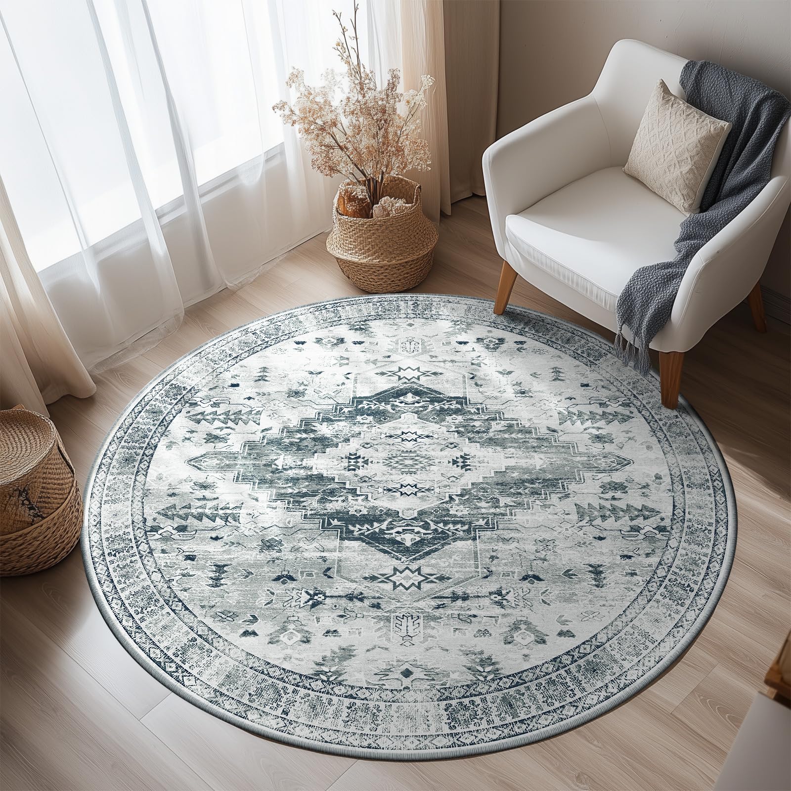 BESTSWEETIE 6ft Round Rugs Washable Non-Slip No Pile Circle Rugs 6 ft Boho Round Rugs for Living Room 6ft Vintage Round Rug Carp