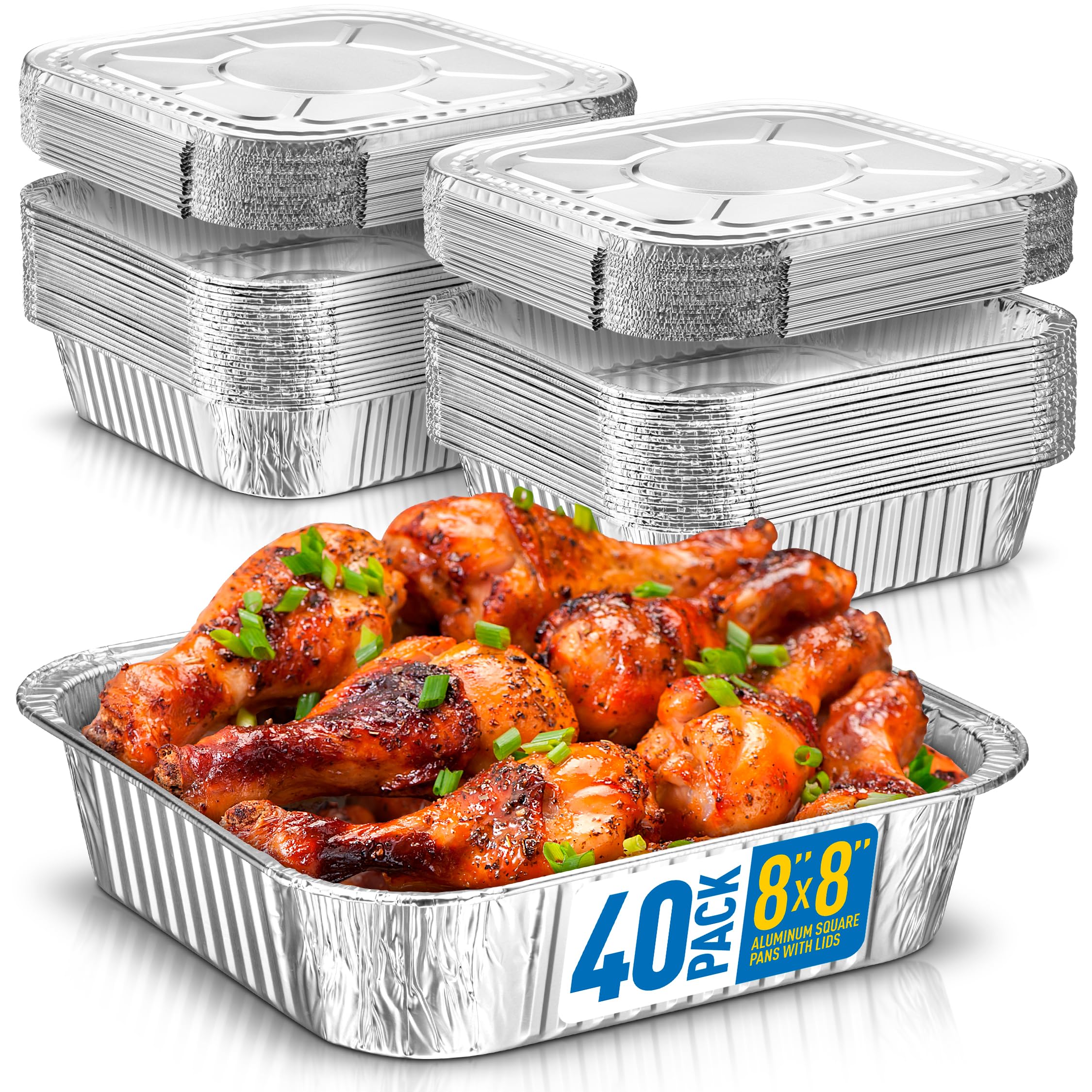 8X8 Disposable Aluminum Pans With Lids - 40 Pack Foil Pans For Cooking, Baking Cakes, Roasting & Homemade Breads - Disposable Fo