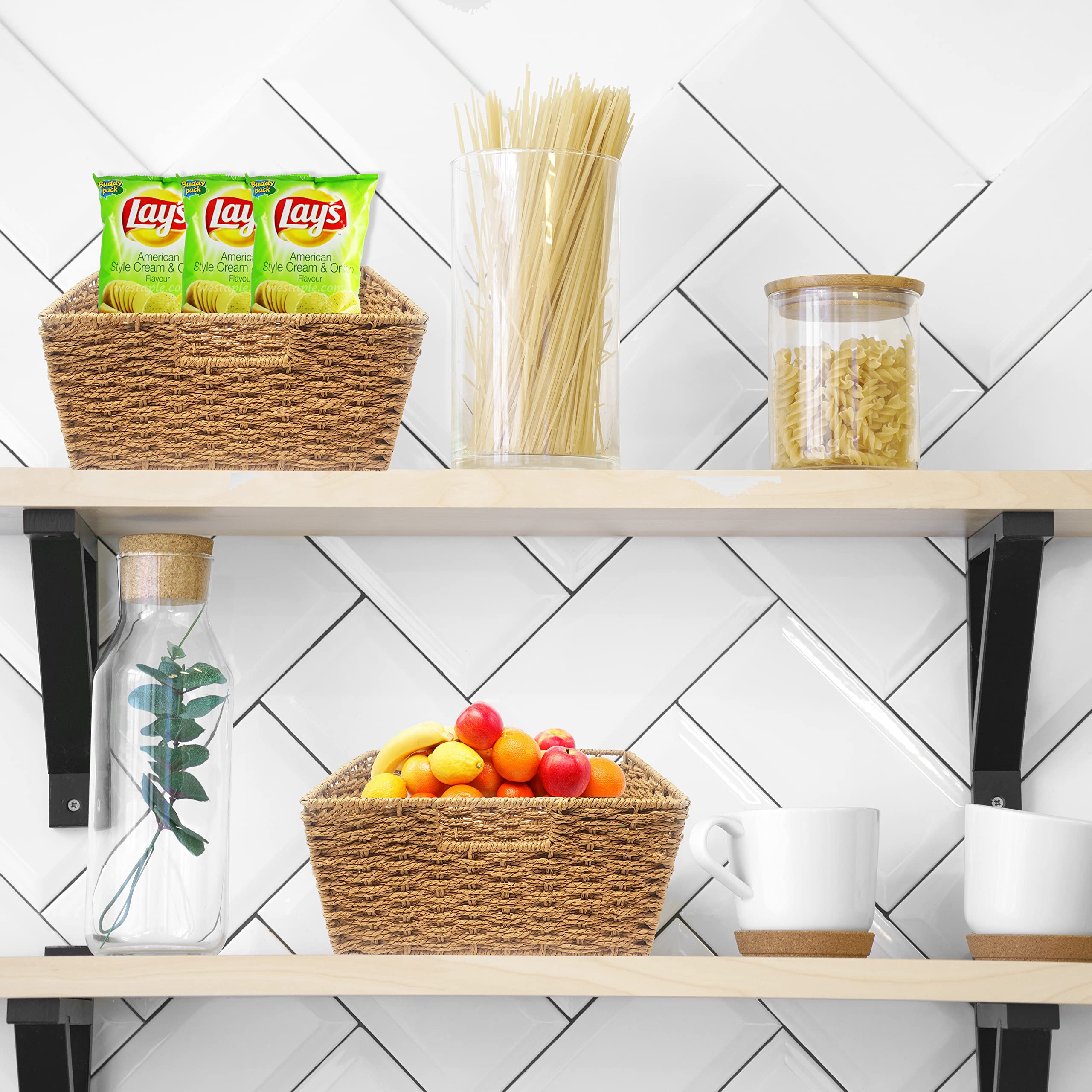 Kovot Woven Wicker Storage Baskets With Built-In Carry Handles - 9.75''L X 8.5''W X 4.5''H (3-Pack)