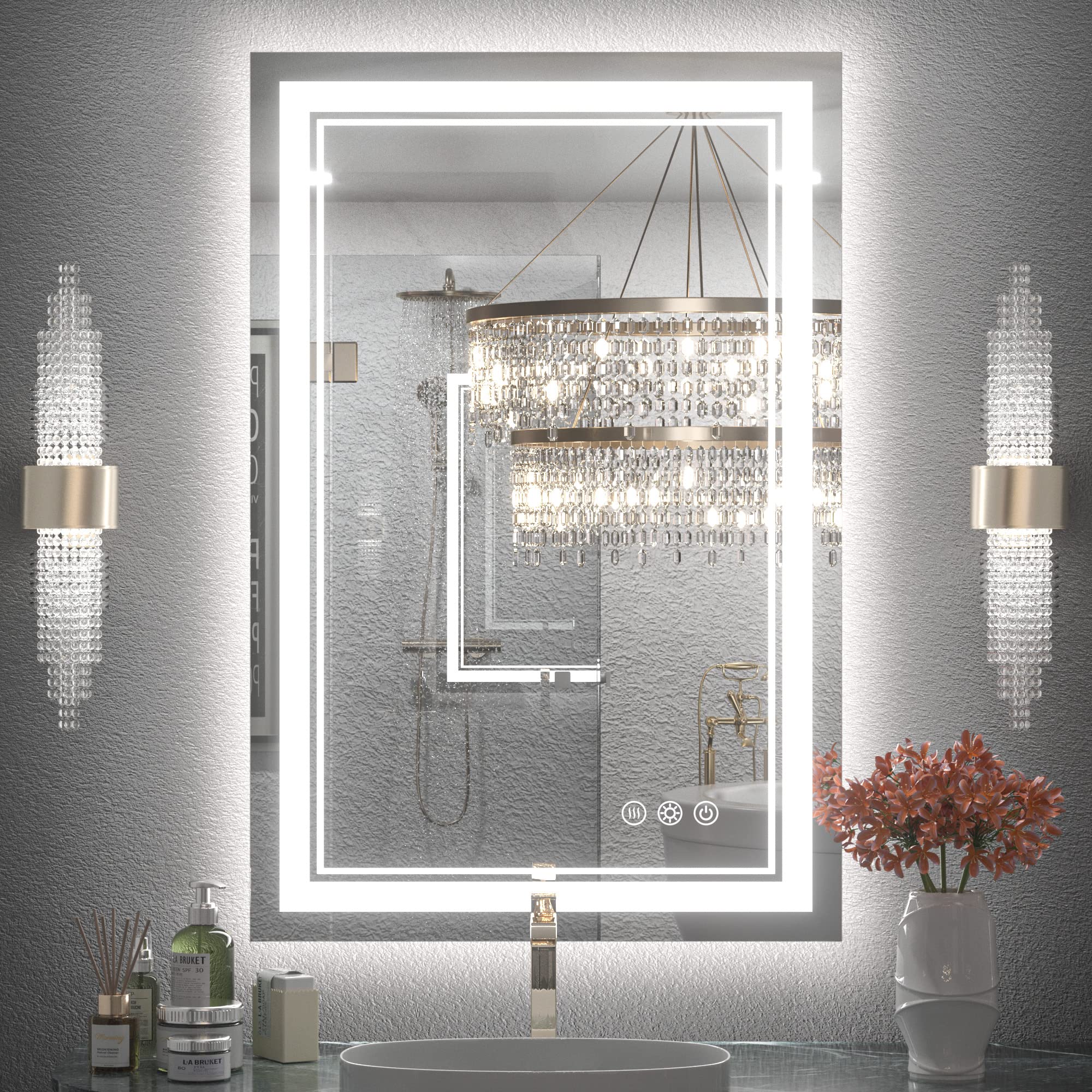 Keonjinn Led Bathroom Mirror 24'' X 36'' With Front And Backlight, Stepless 3 Colors Temperature & Dimmable Backlit Mirror, Ul L