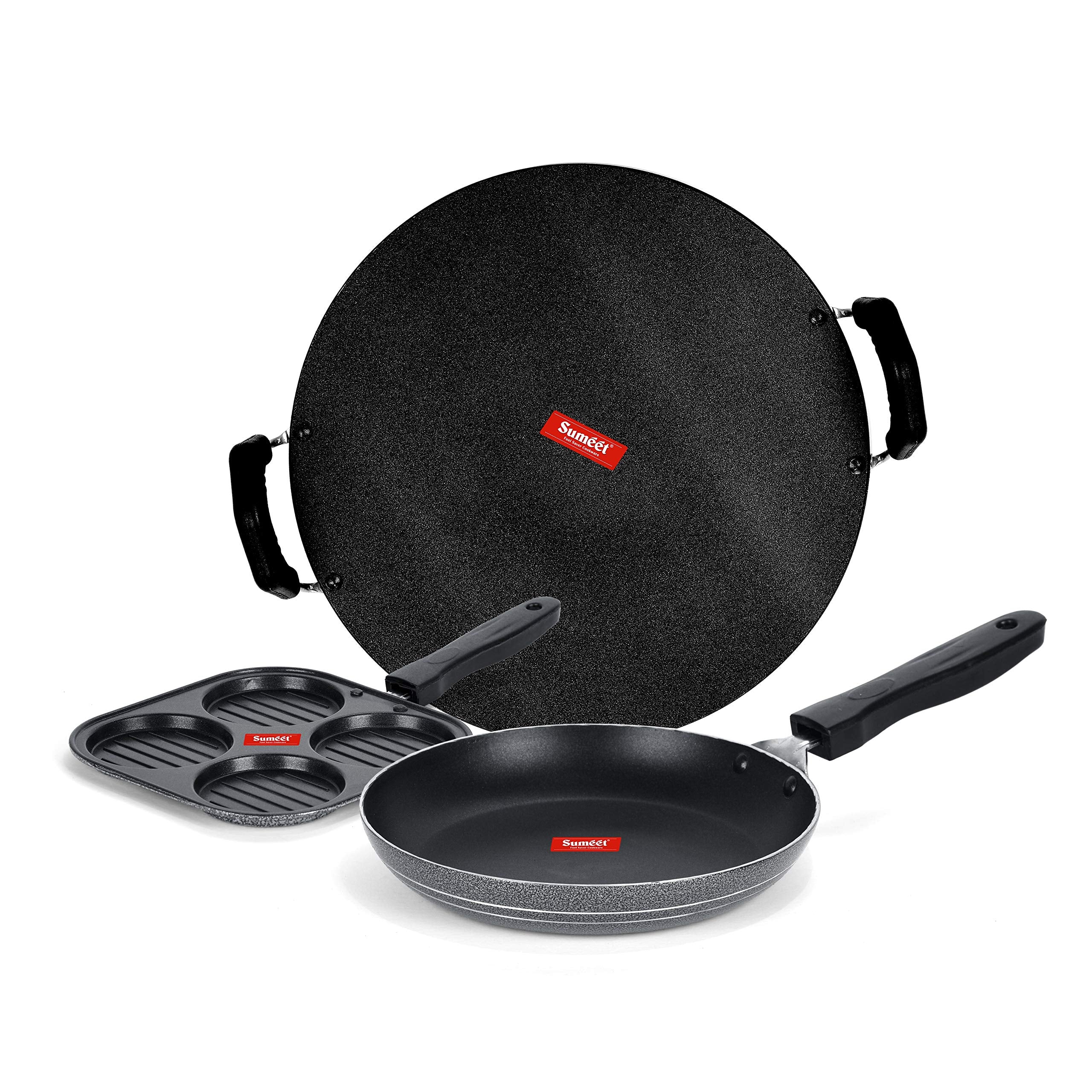 Sumeet Nonstick Grizaj Cookware Set (Tawa30.5Cm Dia + Mini Multi Snack Maker  4 Cavity 19.5Cm + Tapper Pan  0.6Ltr  20Cm Di