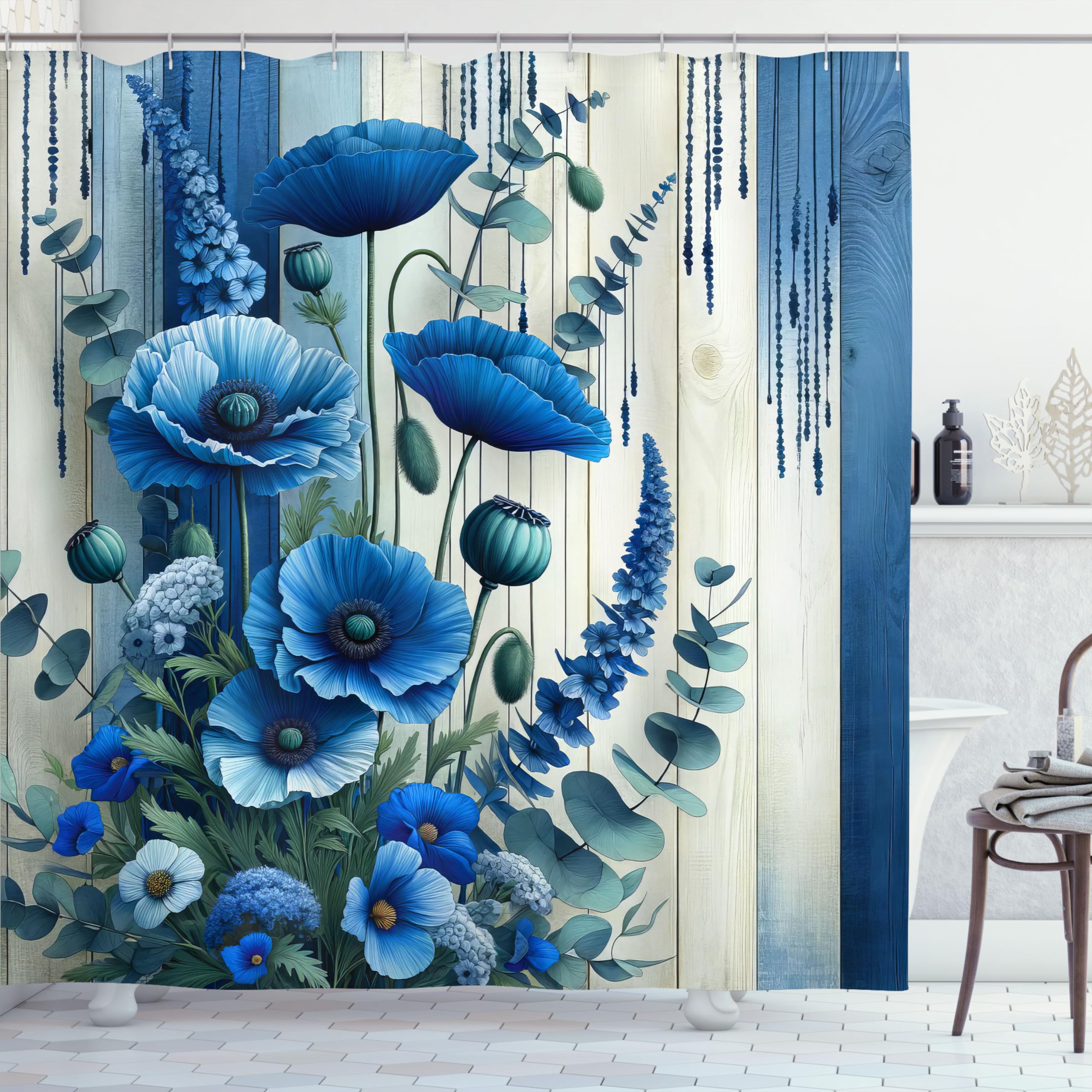 Ambesonne Blue Shower Curtain, Poppy Flowers Meadow Bouquet On Rustic Grunge Look Wooden Plank Back, Cloth Fabric Bathroom Decor