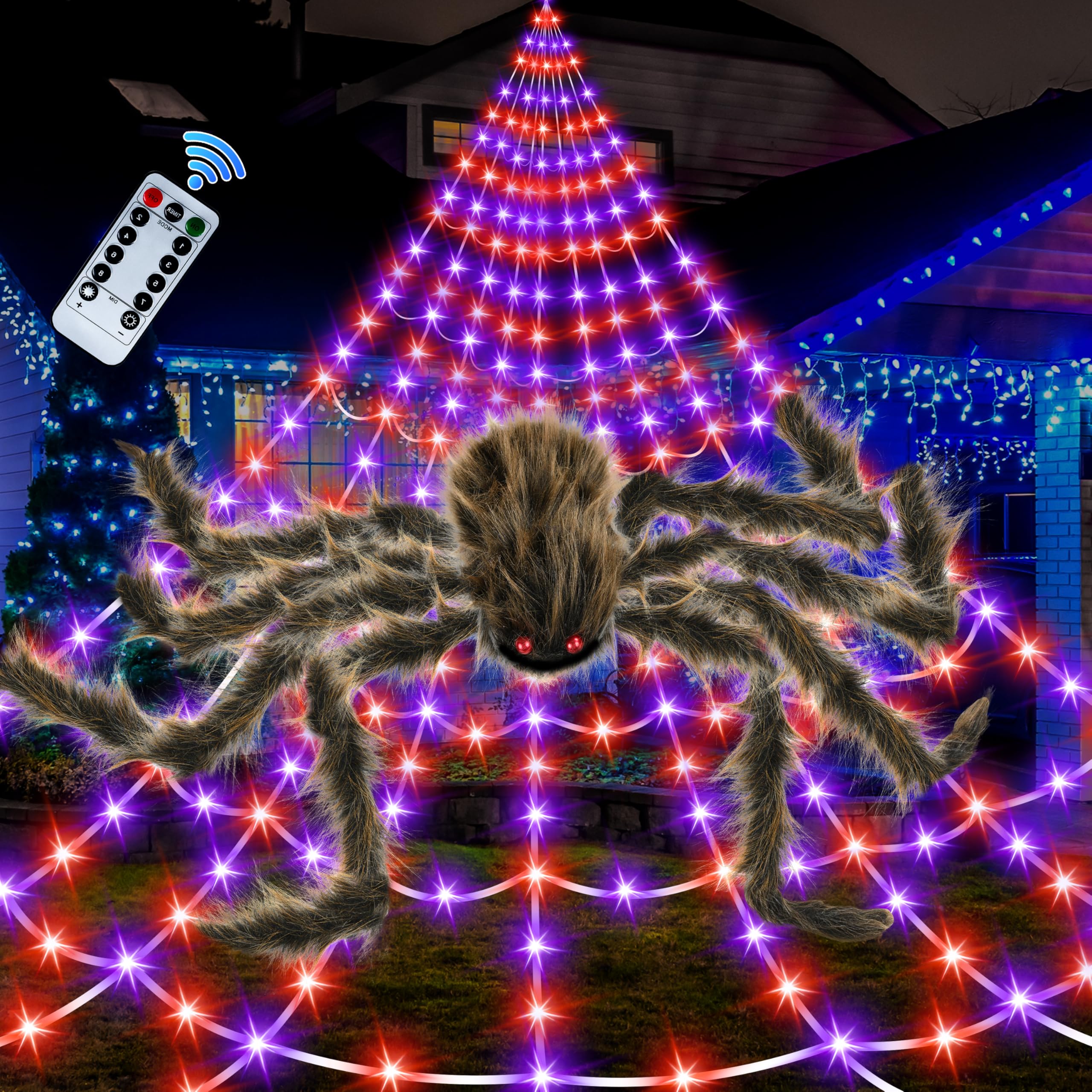 Halloween Spider Web Lights Giant Spider, 16.4Ft 450 LED Lighted Spider Web with with 8 Lighting Modes Waterproof & Timer for In
