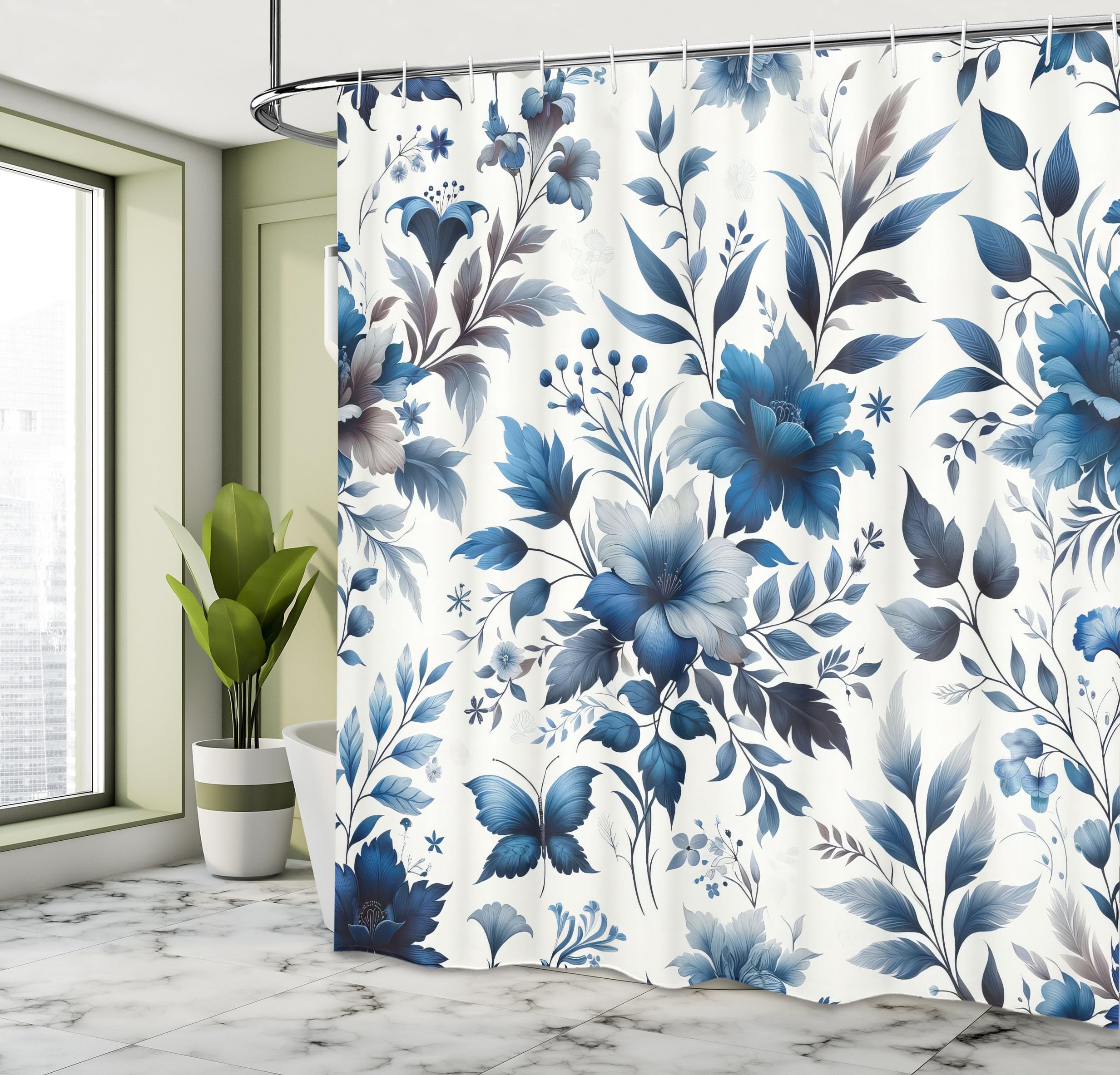 Ambesonne Blue Shower Curtain, Watercolor Flowers Berry Branches Leaves Folk Inspired Floral Motifs, Cloth Fabric Bathroom Decor