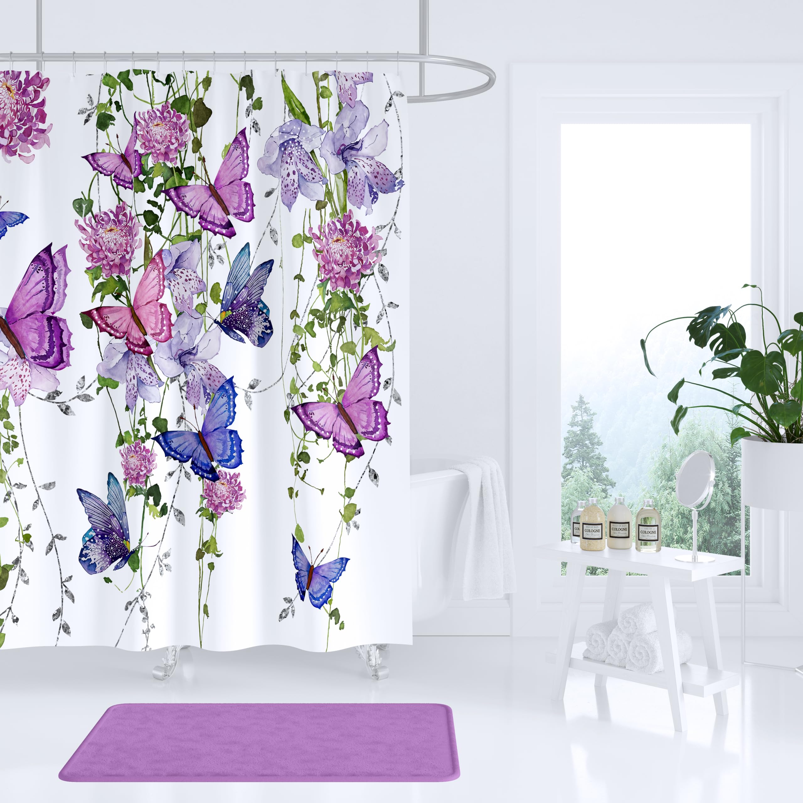 Chiinvent Purple Shower Curtain Butterfly Shower Curtains For Bathroom, Spring Shower Curtain Lavender Lilac Pink Floral Shower