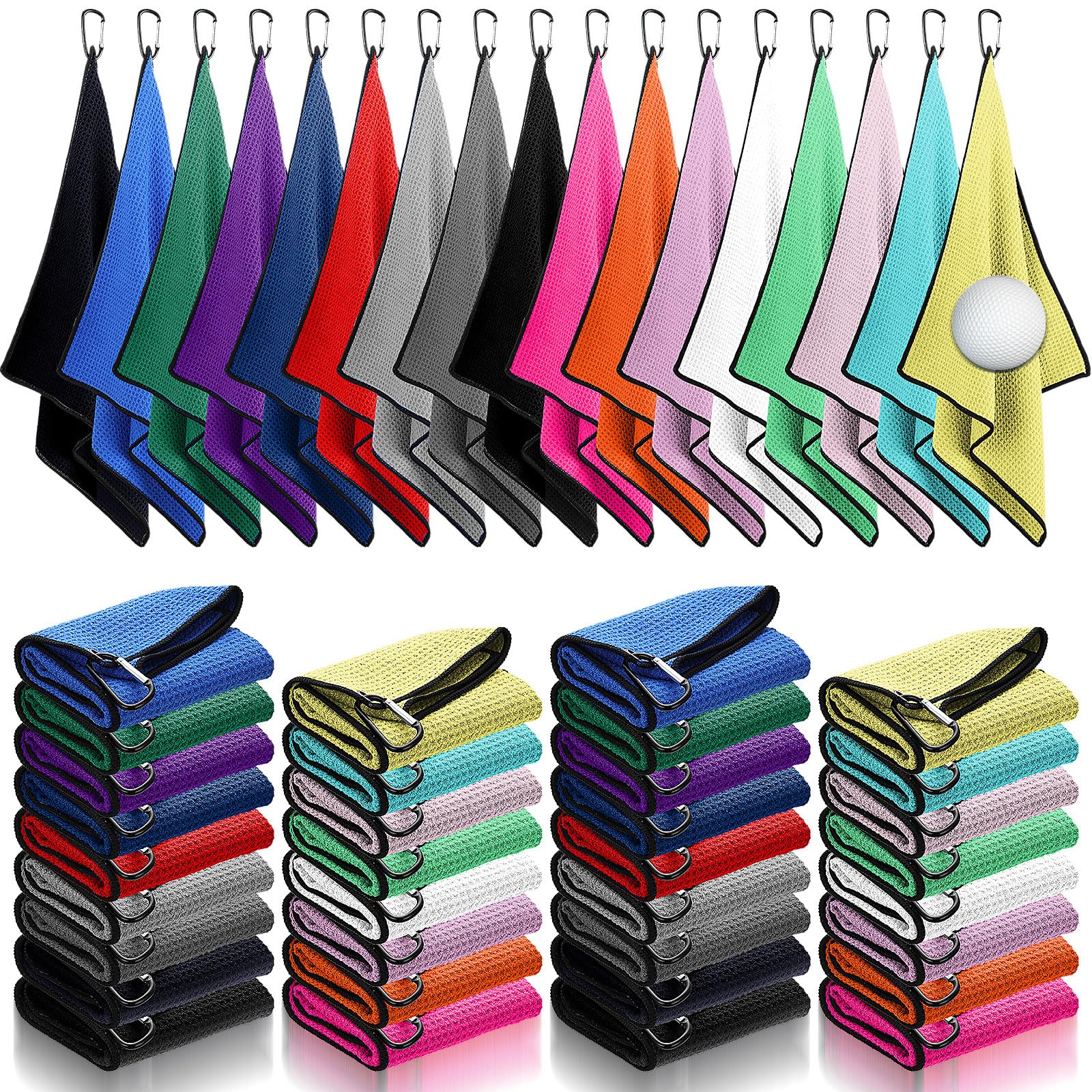 Batiyeer Golf Towels Bulk for Bags, 16x16 Microfiber Waffle Pattern Golf Towel with Clip for Tournament, Club, Fitness(Mixed Col