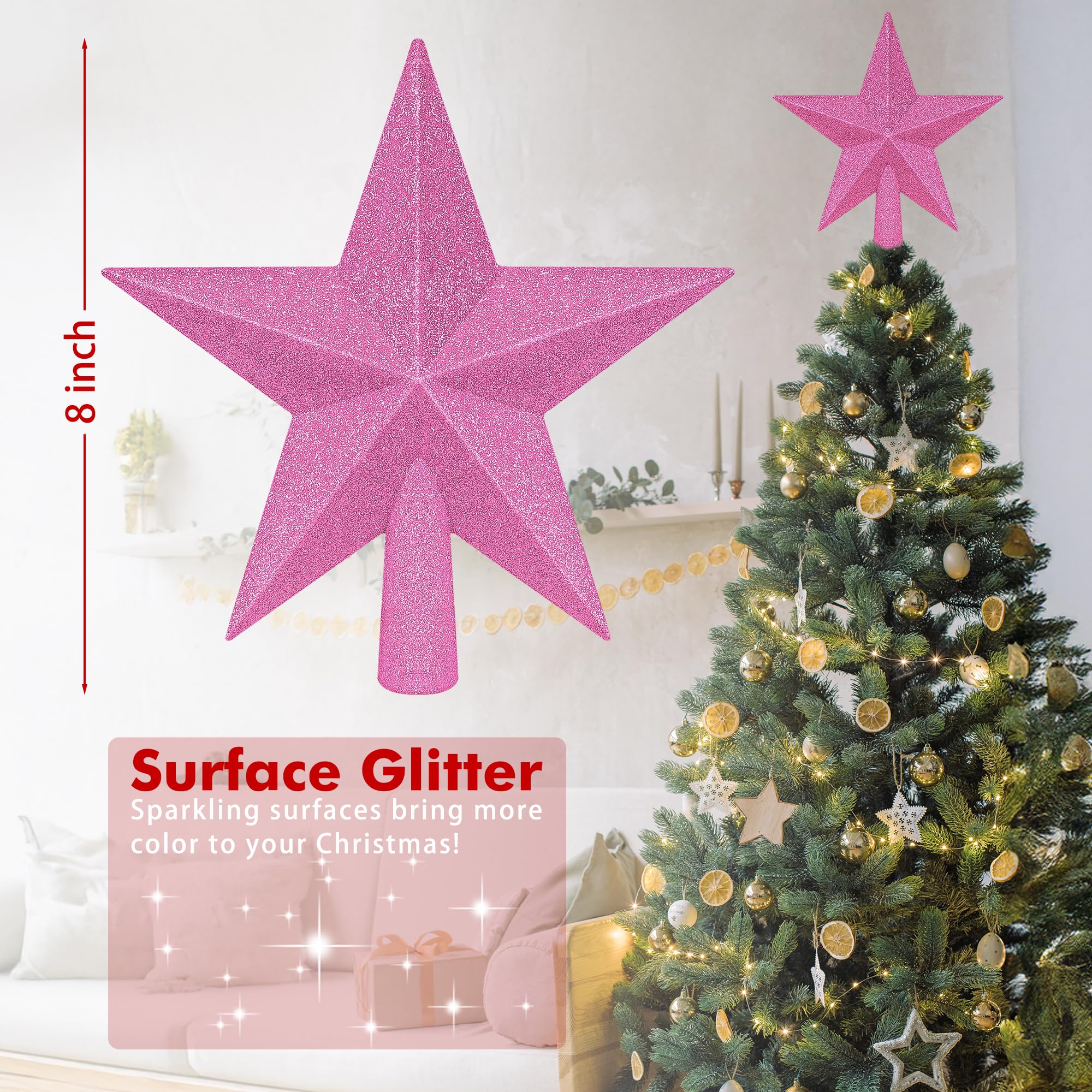 Christmas Tree Decoration, 8 Pink Christmas Tree Topper Star Accessories, Xmas Glitter 3D Bethlehem Tree Ornament, Waterproof Ho