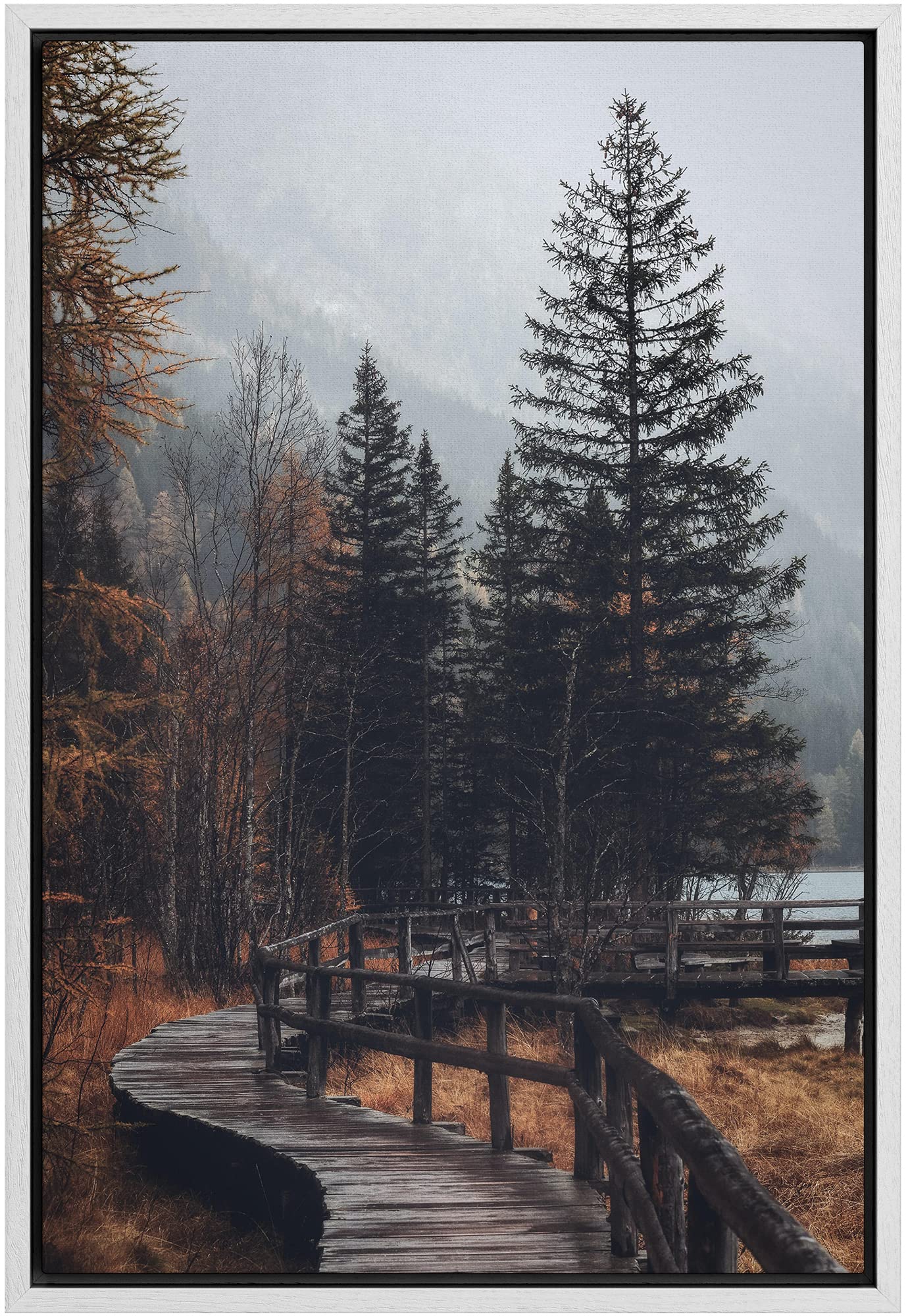 Signwin Framed Canvas Wall Art Autumn Dramatic Forest Landscape Living Room Orange Photography Rustic - 16''X24'' White