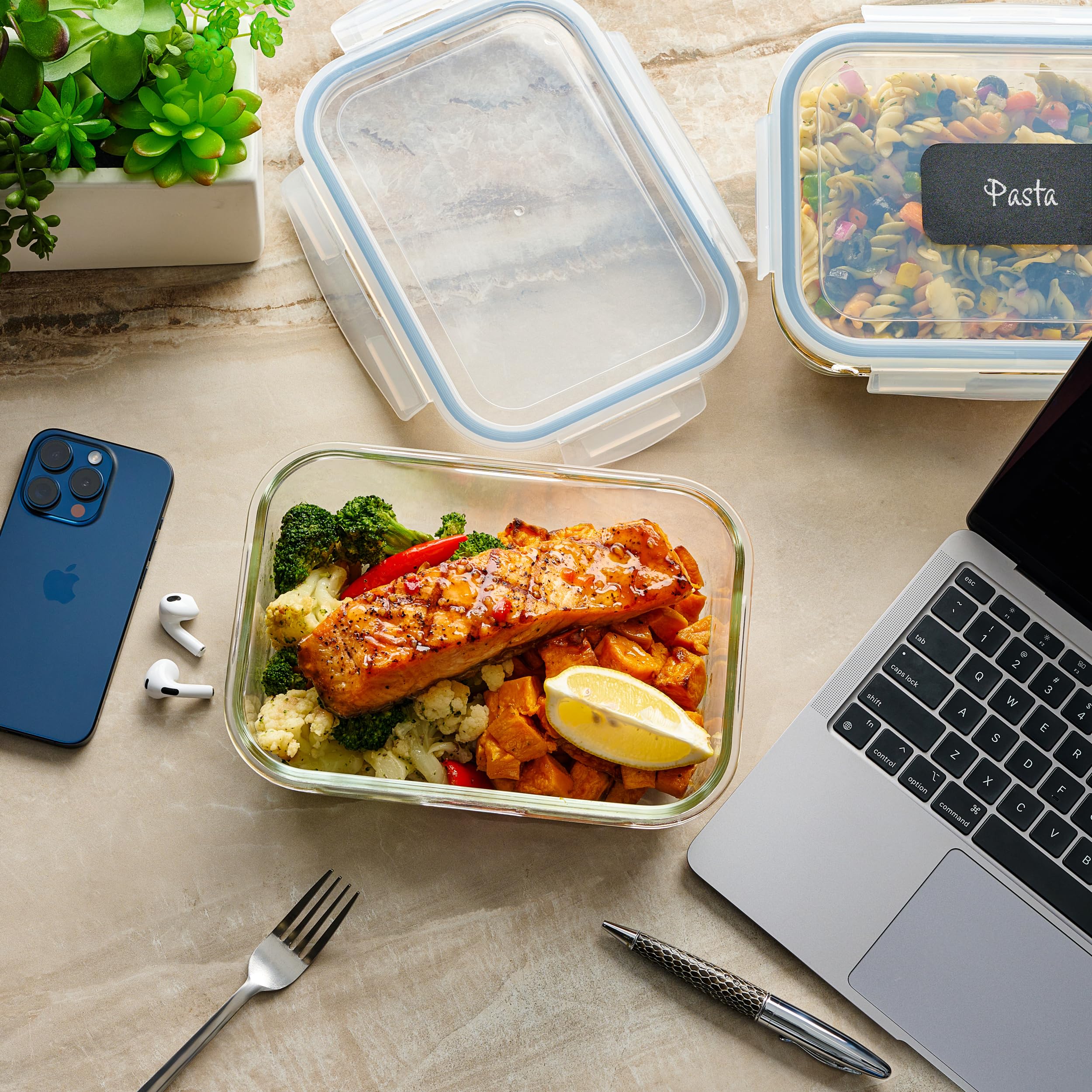 4Pc Set Of 8 Cup Large Glass Food Storage Containers With Lids - Airtight Meal Prep Container With Lid Lock - Freezer Microwave