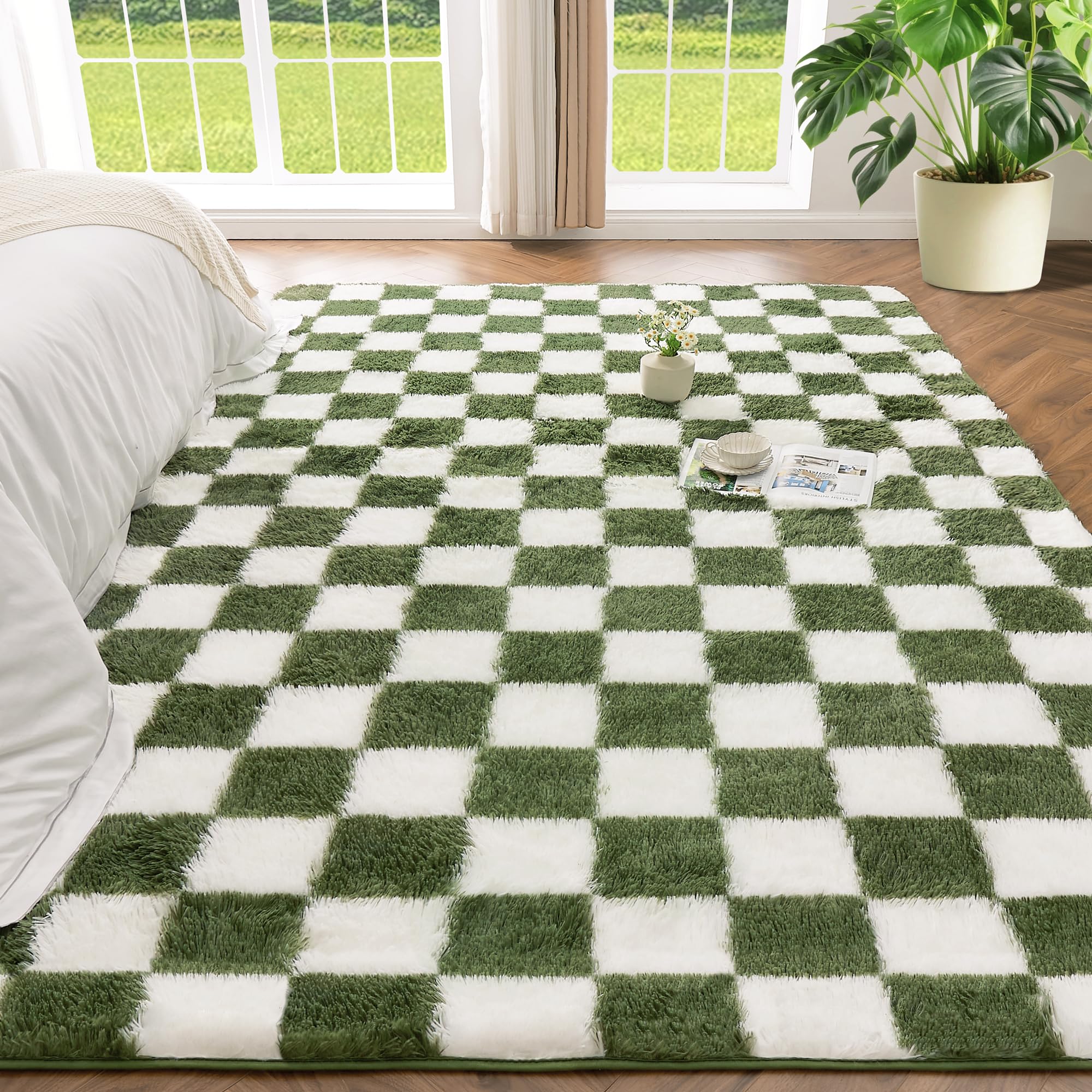 Andency 3x5 Shag Area Rug for Living Room, Olive Green and White Small Fluffy Checkered Shaggy Rug, Sage Forest Dark Green Soft 