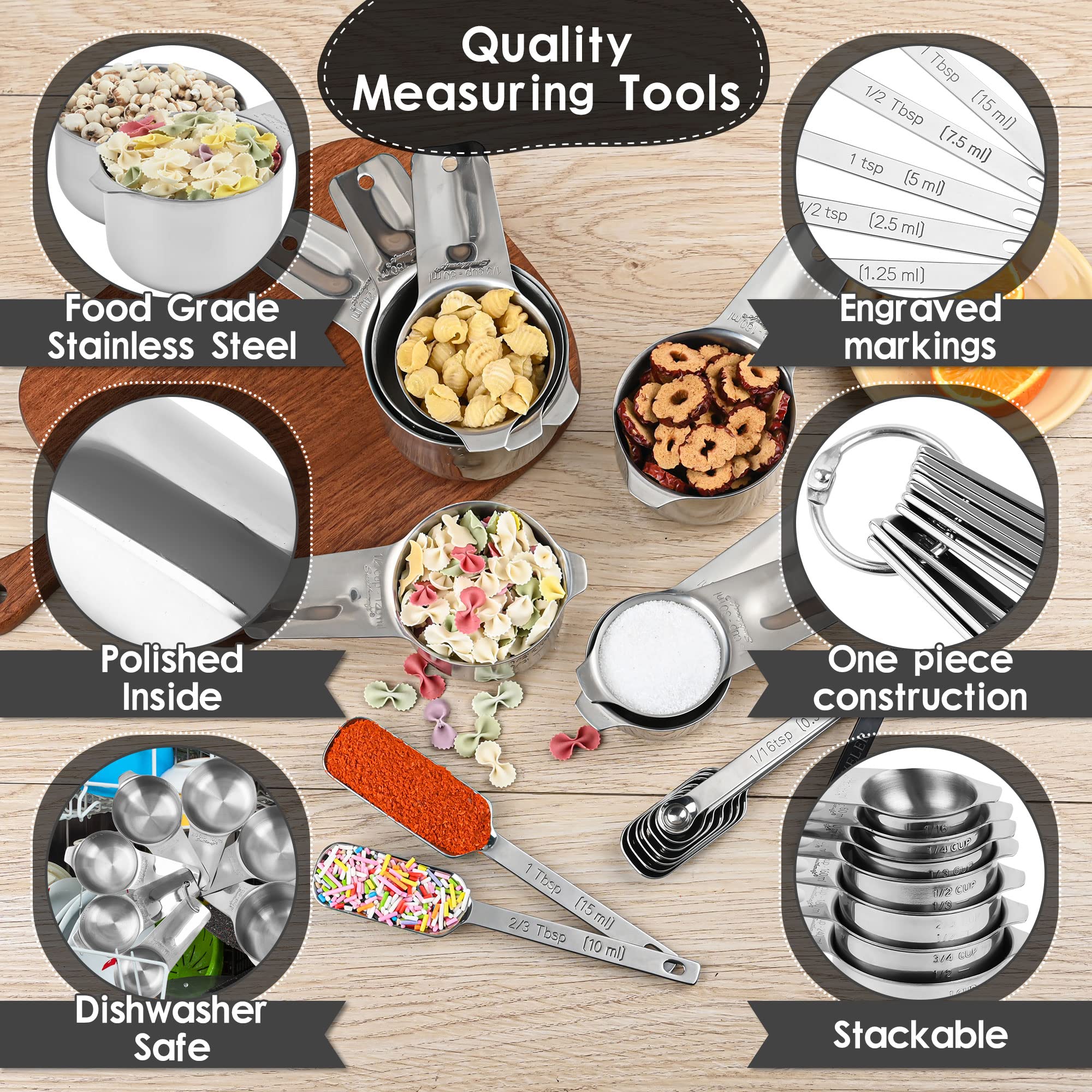 Stainless Steel Measuring Cups And Spoons Set, 18/8 (304) Measuring Cups Spoons, Heavy Duty 7 Measuring Cups And 9 Measuring Spo