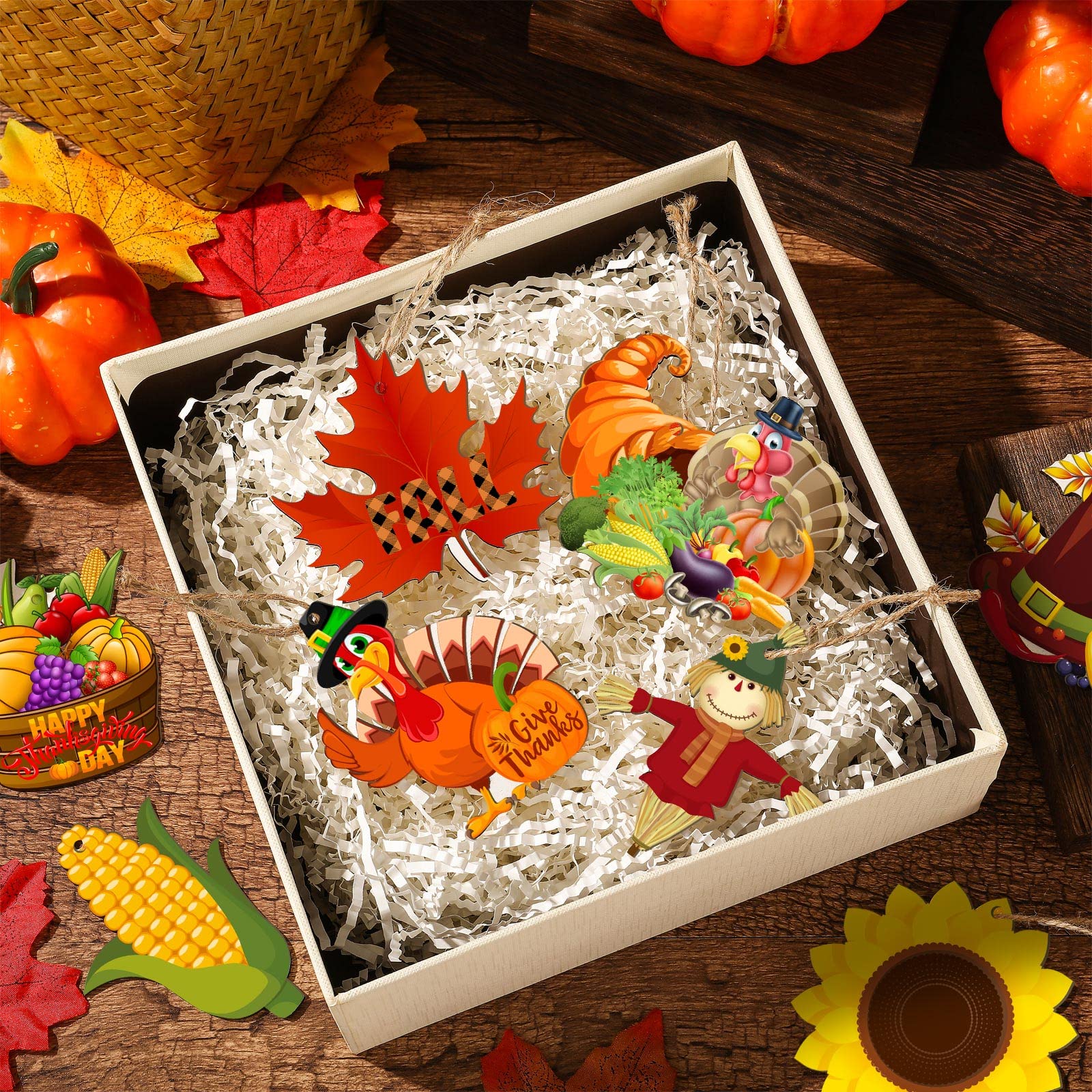 Bucherry 40 Pieces Fall Thanksgiving Wood Ornaments Fall Tree Ornaments Pumpkin Cutout Maple Acorns Turkey Autumn Harvest Hangin