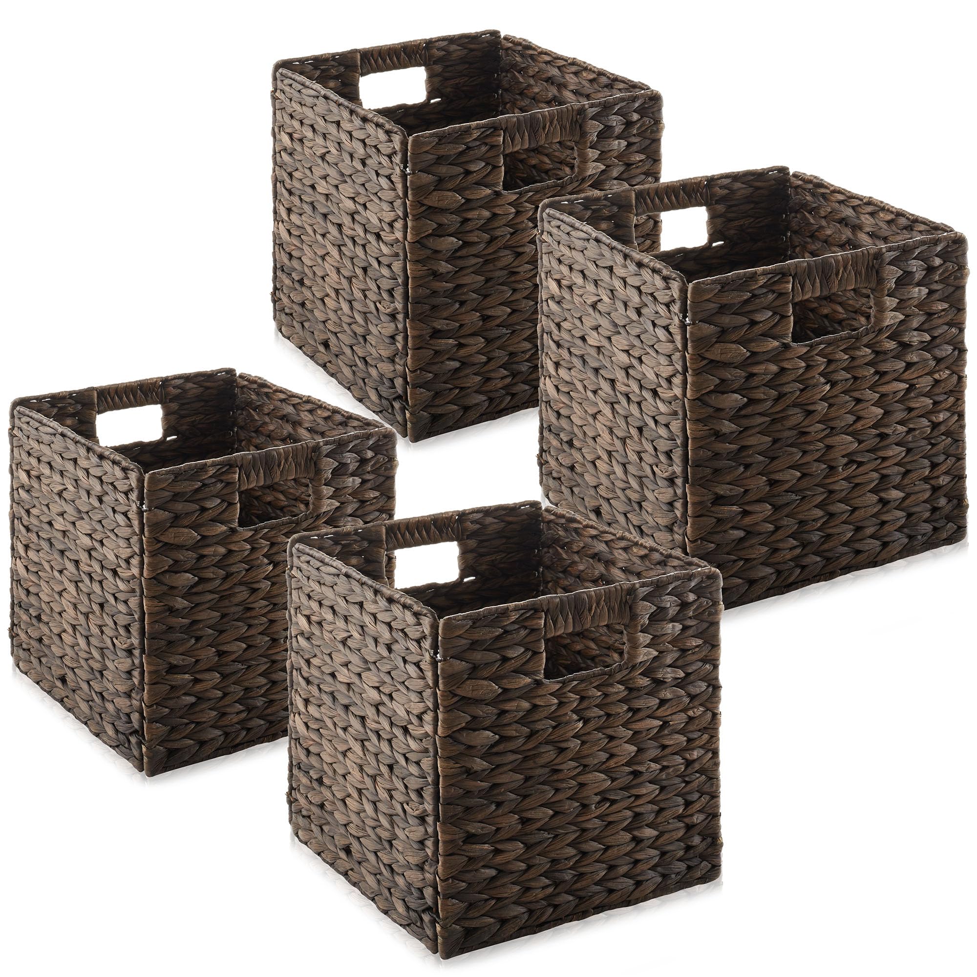 Casafield 10.5'' X 10.5'' Water Hyacinth Storage Baskets, Espresso - Set Of 4 Collapsible Cube Organizers, Woven Bins For Bathro
