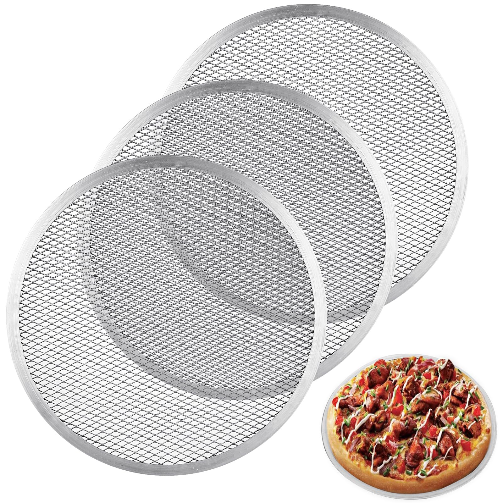 Wopplxy 3 Pcs 12 Inch Pizza Screen, Restaurant-Grade Aluminum Alloy Pizza Baking Screen, Seamless Round Pizza Screen Non Stick M