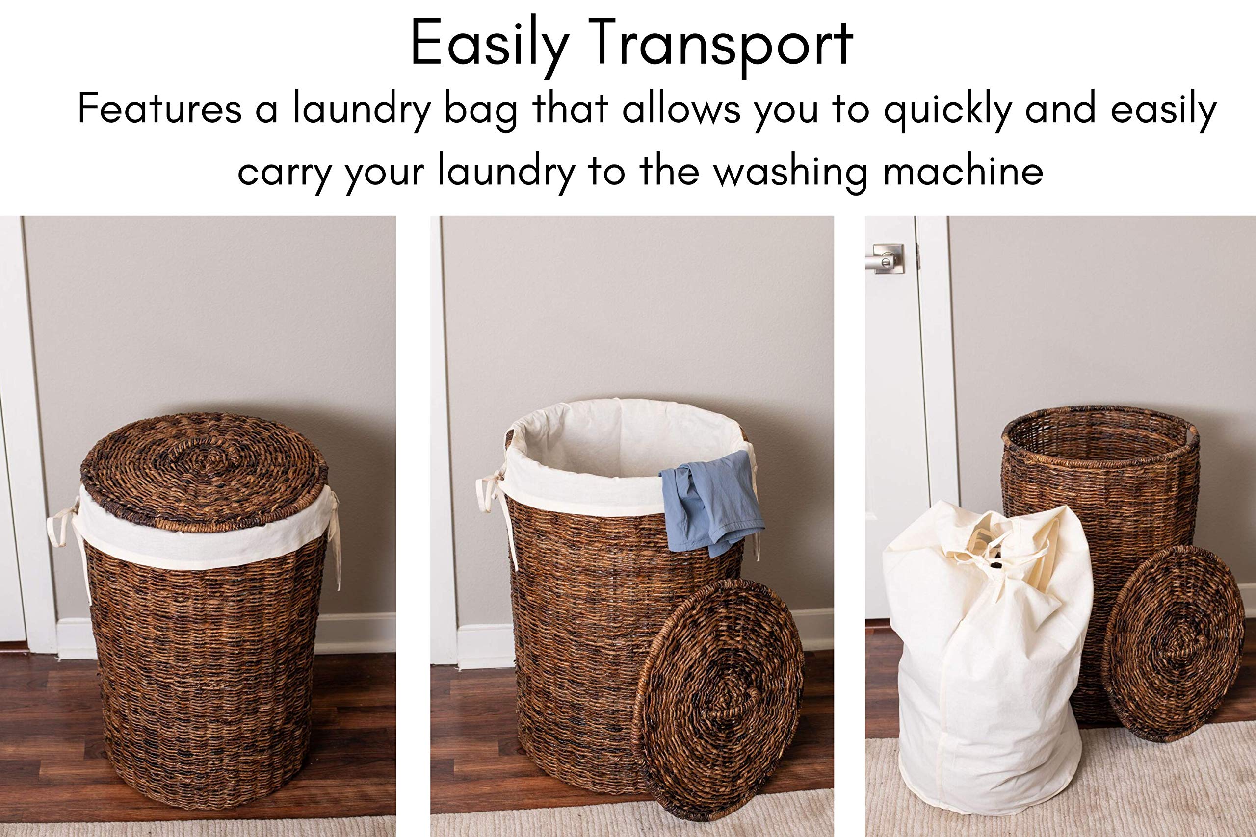 Seagrass Laundry Hamper With Liner | Round Clothes Bin With Lid | Cut-Out Handles For Easy Transport | Includes Machine Washable