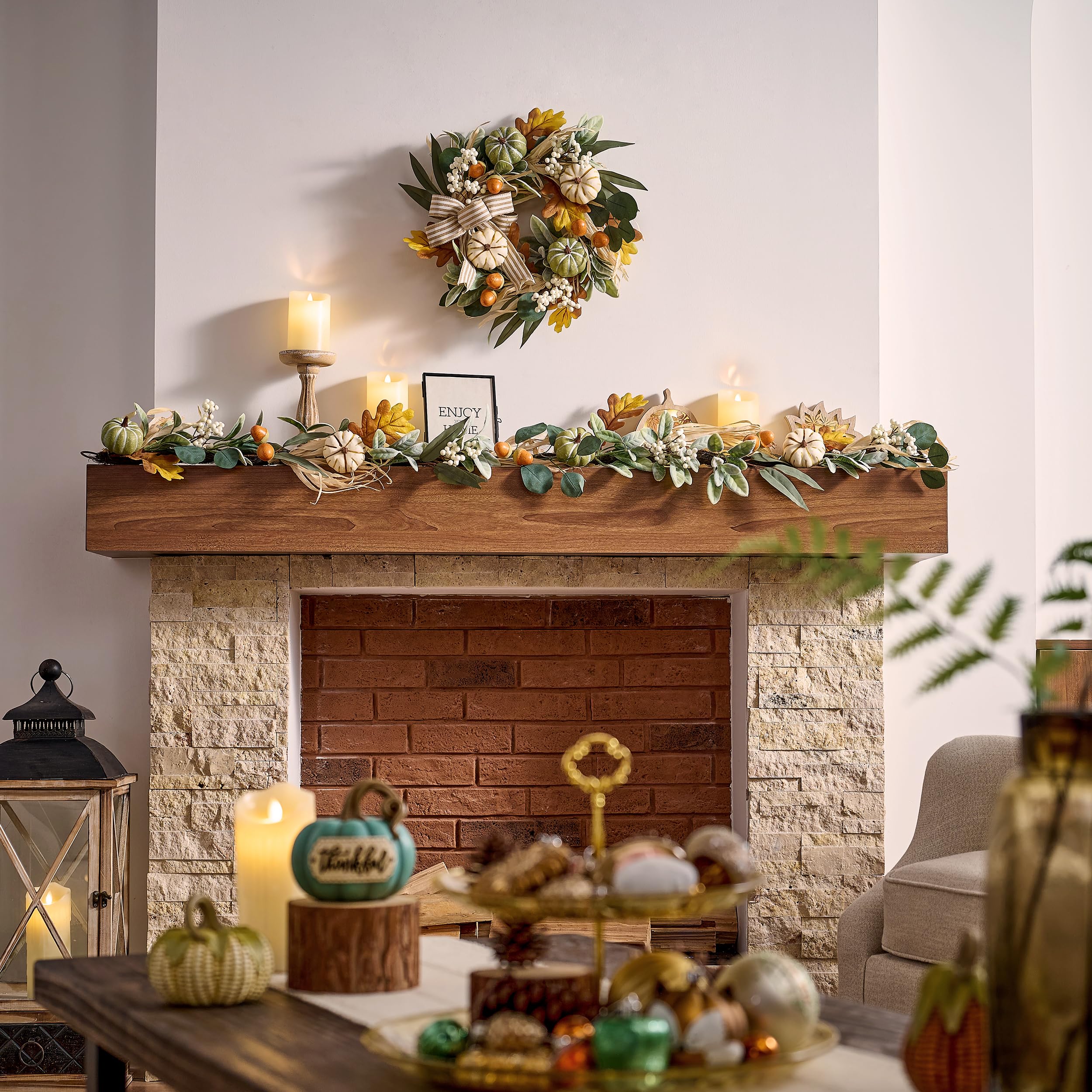 Valery Madelyn Fall Wreaths for Front Door Outside, 18'' Farmhouse Autumn Door Wreath with Lights White Pumpkins Bow, Outdoor Fa