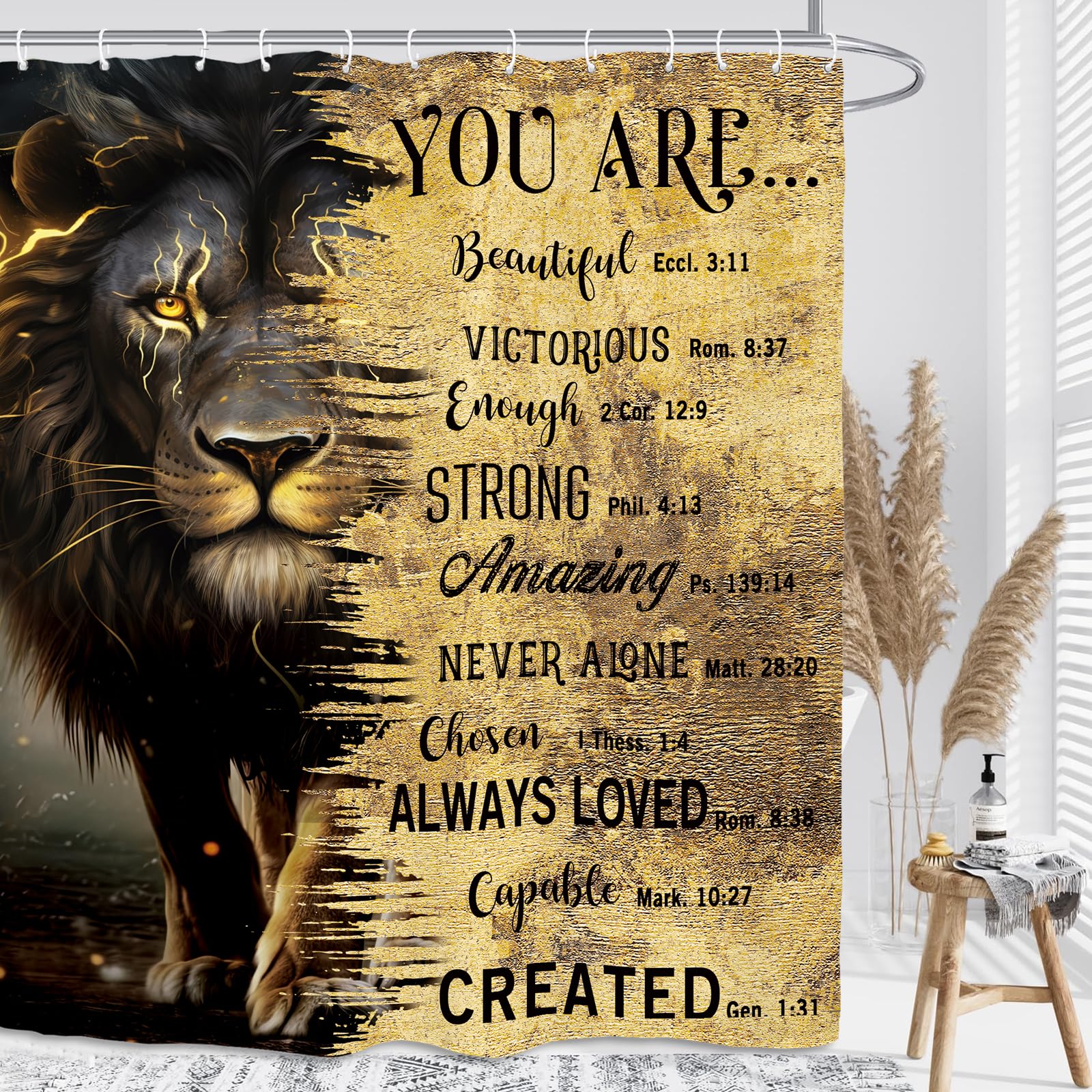 Kalmico Lion Man Masculine Shower Curtain 60Wx72L Inch Black Gold Inspirational Motivational Quotes Bible Cool Contemporary Bath