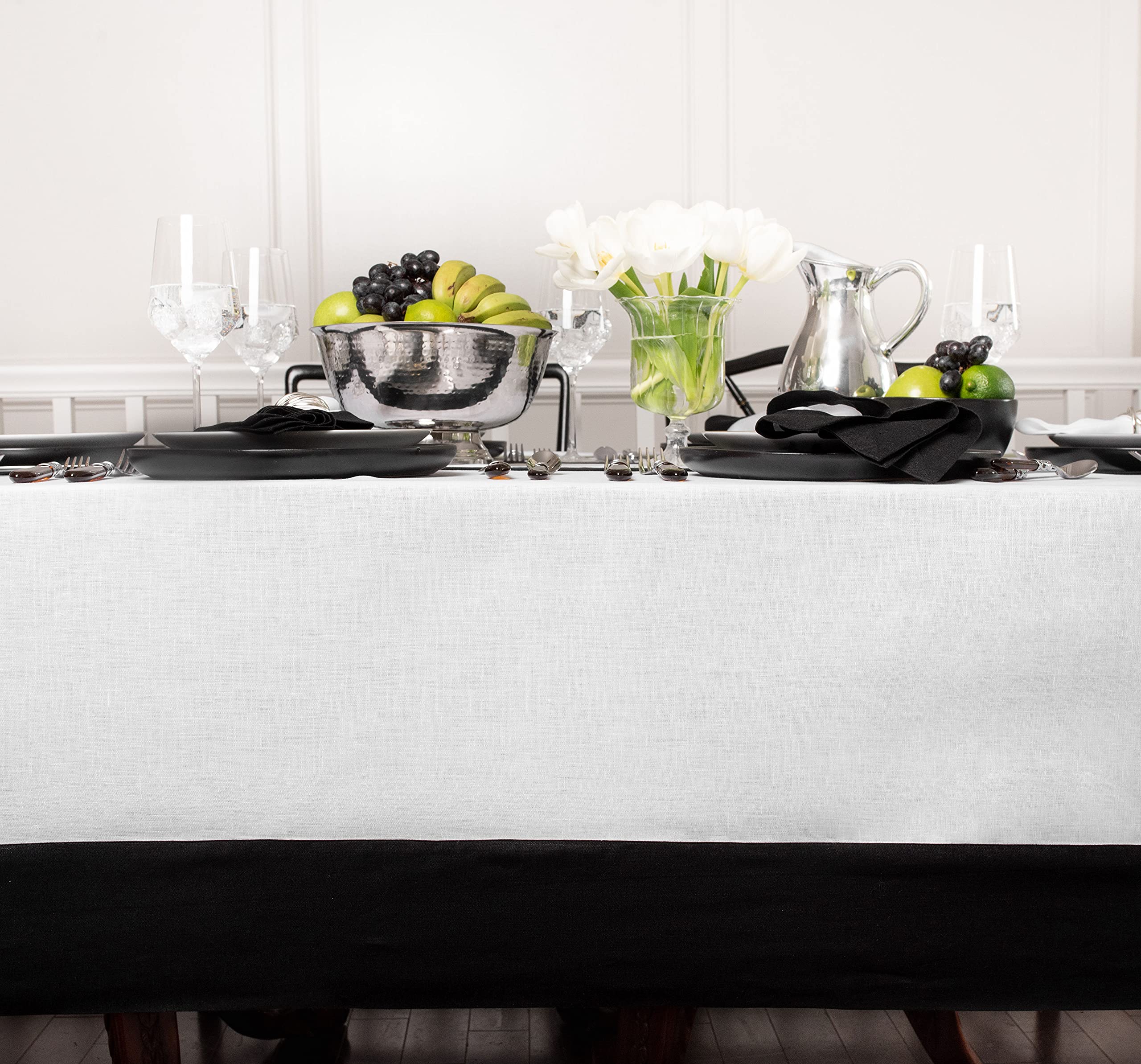Solino Home Linen Tablecloth 60 x 90 Inch - 100% Pure Linen Black and White Tablecloth for Spring  Summer  Indoor  Outdoor - Contempo  Handcrafted from European Flax and Machine Washable