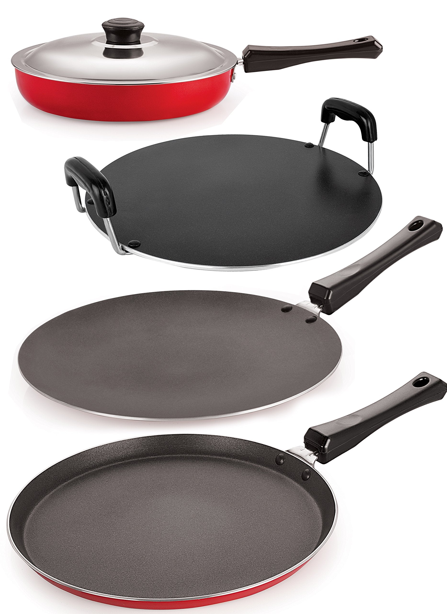 Nirlon NonStick Dishwasher Safe 4 Piece Aluminium Multipurpose Kitchenware Combo Gift Set Offer, Red And Black