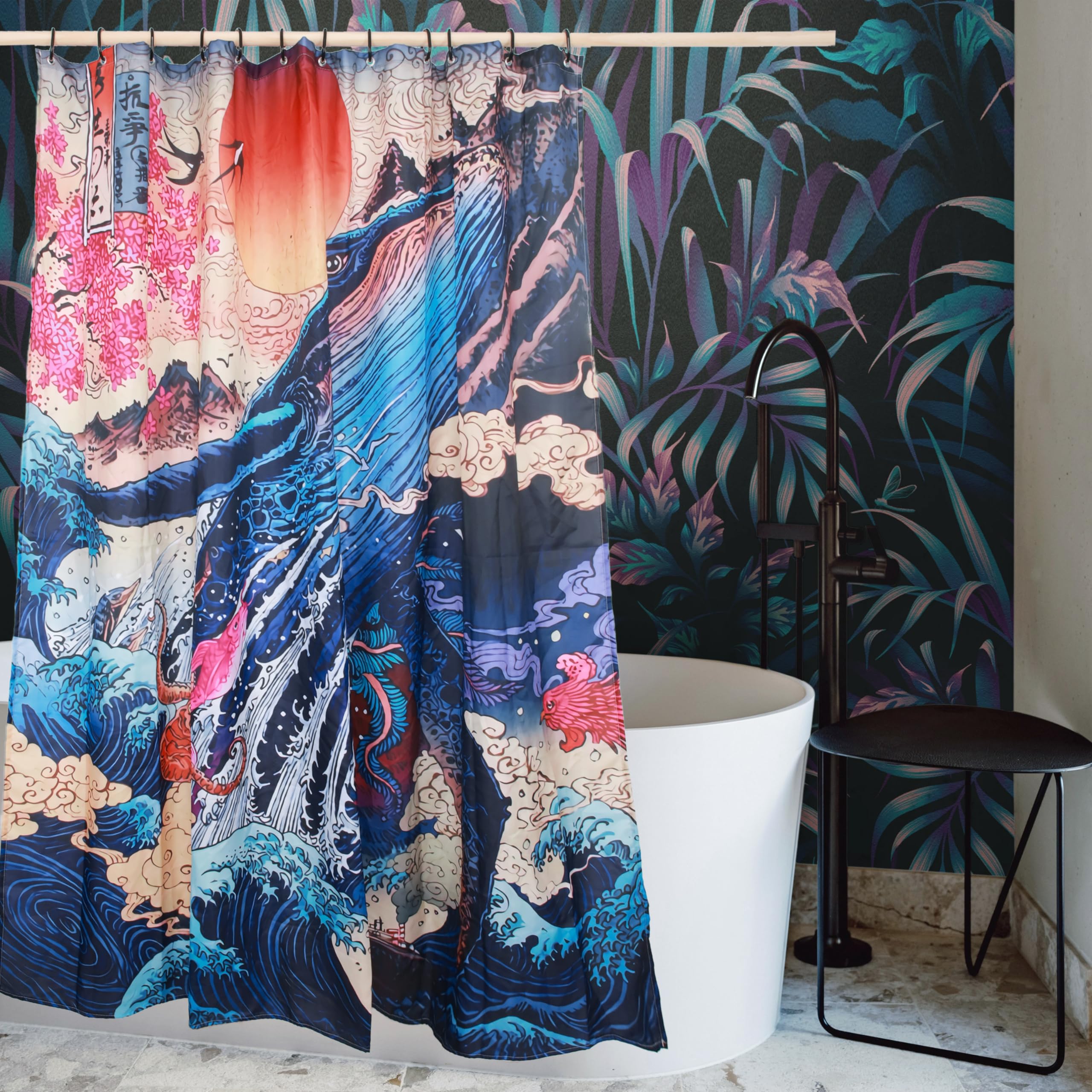Spanker Space Cool Japanese Art Ukiyoe Sunrise Asian The Grave Waves Fly Whale Ocean Unique Fabric Waterproof Bath Shower Curtai