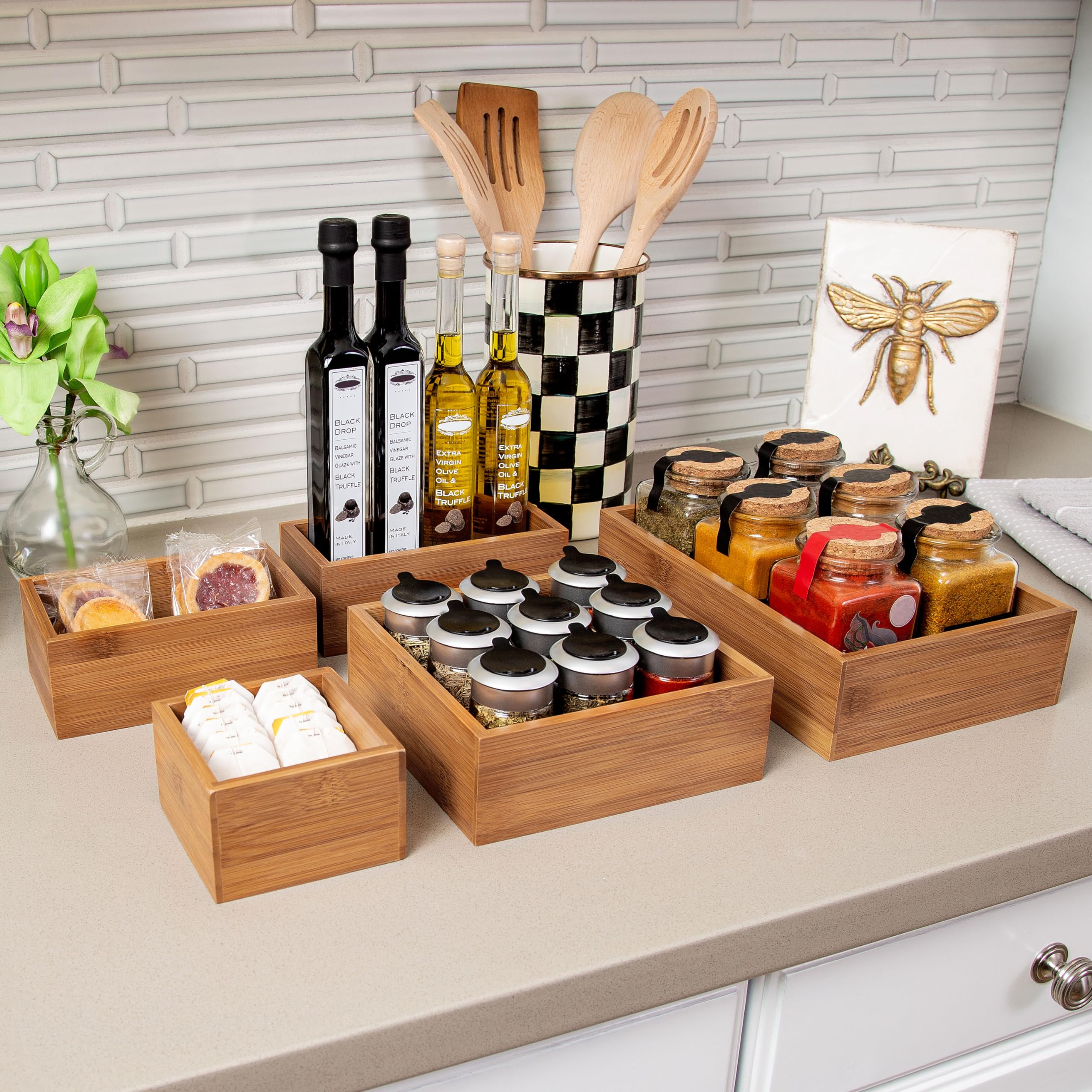 Seville Classics Bamboo Premium Organizer Storage Bins For Kitchen Silverware, Pantry, Closet, Office Desk, Pens, Utensils, Make
