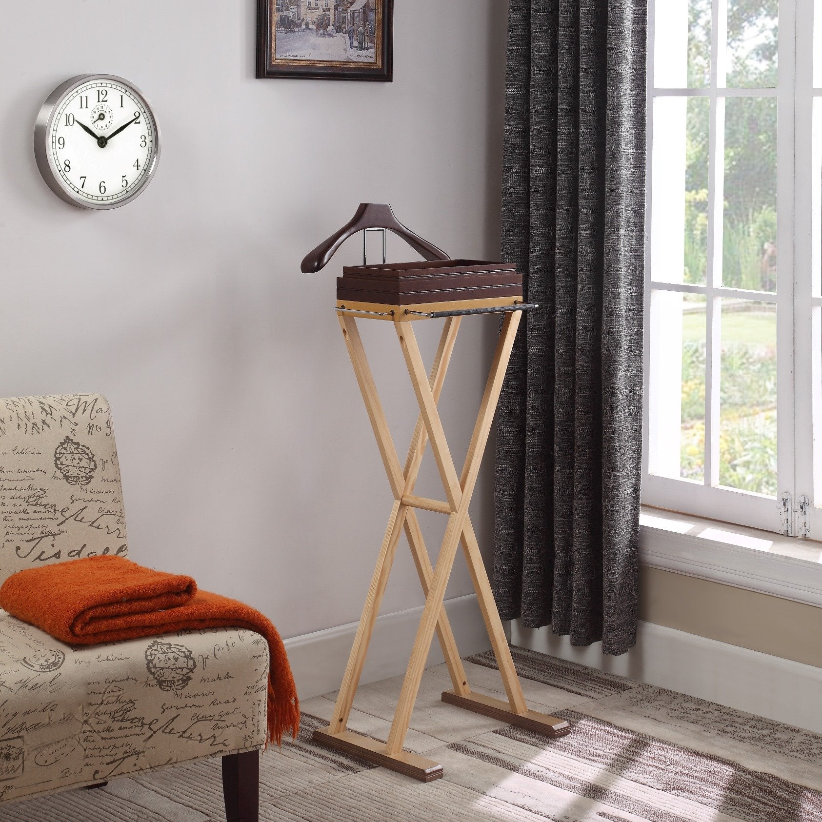Laguna Valet medium walnut for tray and hanger  natural color for body  chrome hardware