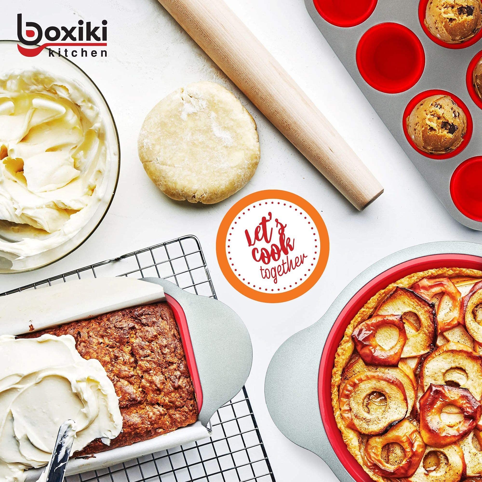 Boxiki Kitchen 13-Piece Non-Stick Silicone Bakeware Set With Cake Pan, Brownie Pan, Loaf Pan, Muffin Mold, Spatulas, Brush, And