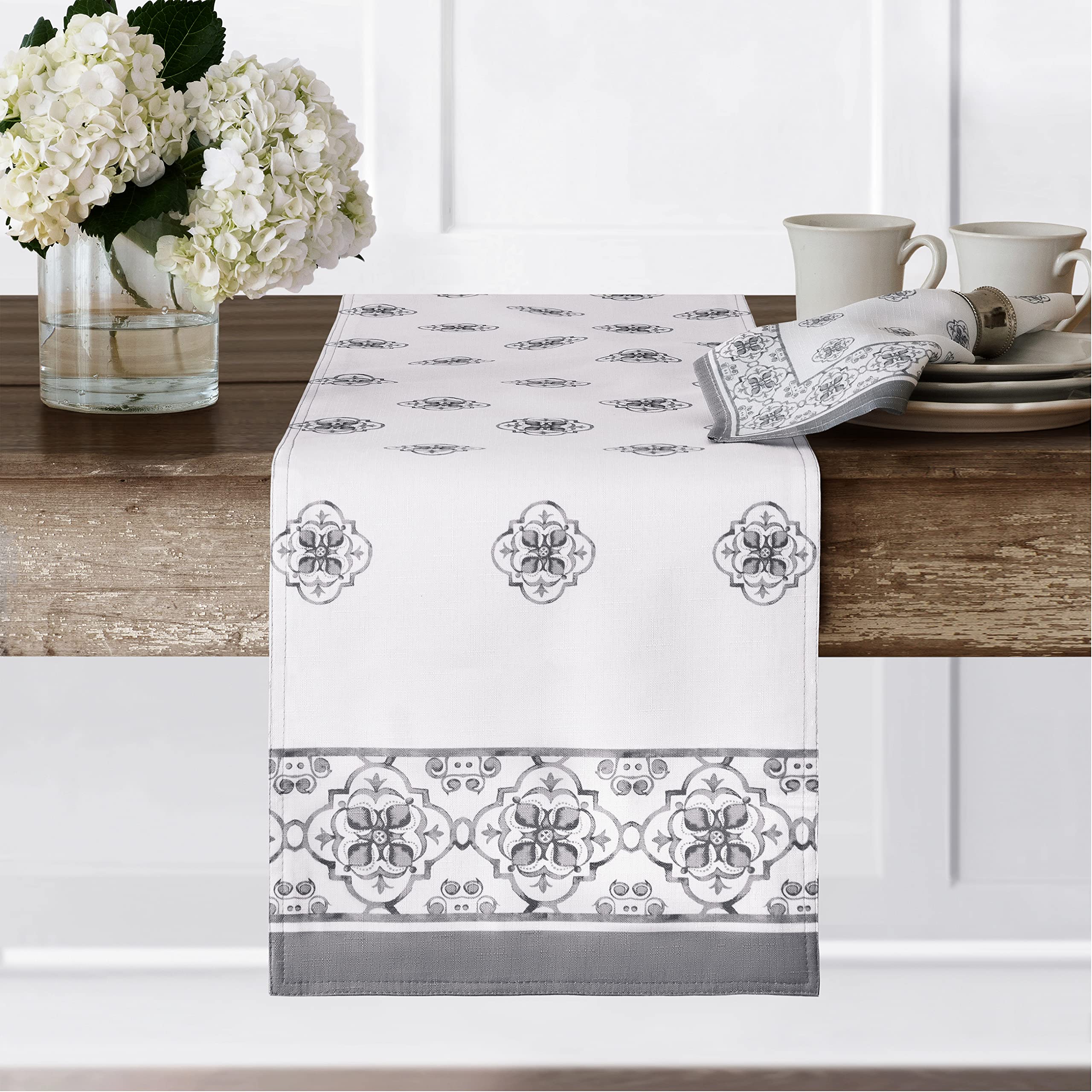 Newbridge Rectangle Fabric Placemats, Set Of 4 Placemats, Mykonos Grey Mediterranean, Indoor Outdoor Stain Resistant No-Iron Pla