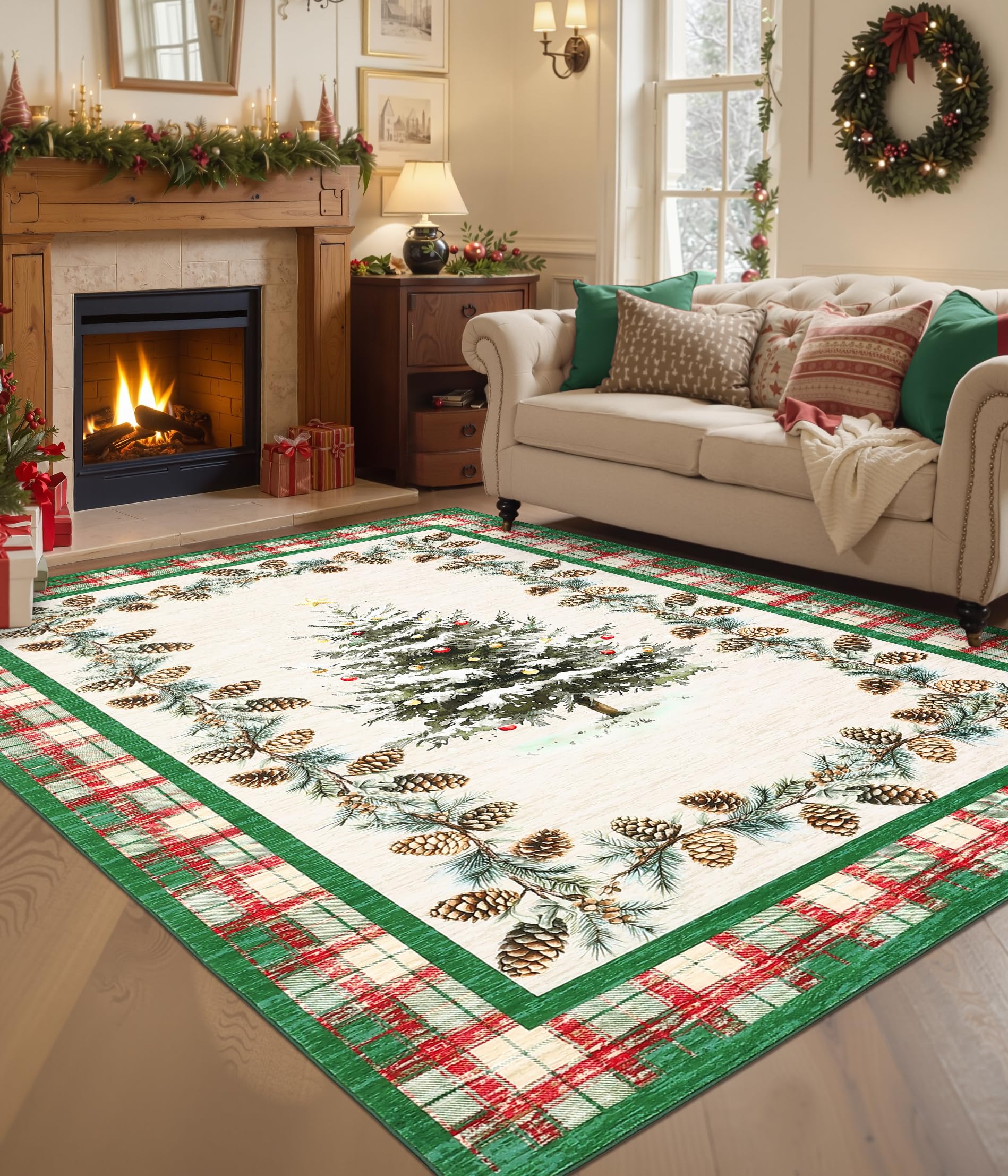 GarveeHome Green Christmas Rug 4x6 Washable Checkered Area Rugs for Living Room Bedroom, Christmas Tree Print Holiday Rug Non-Sl