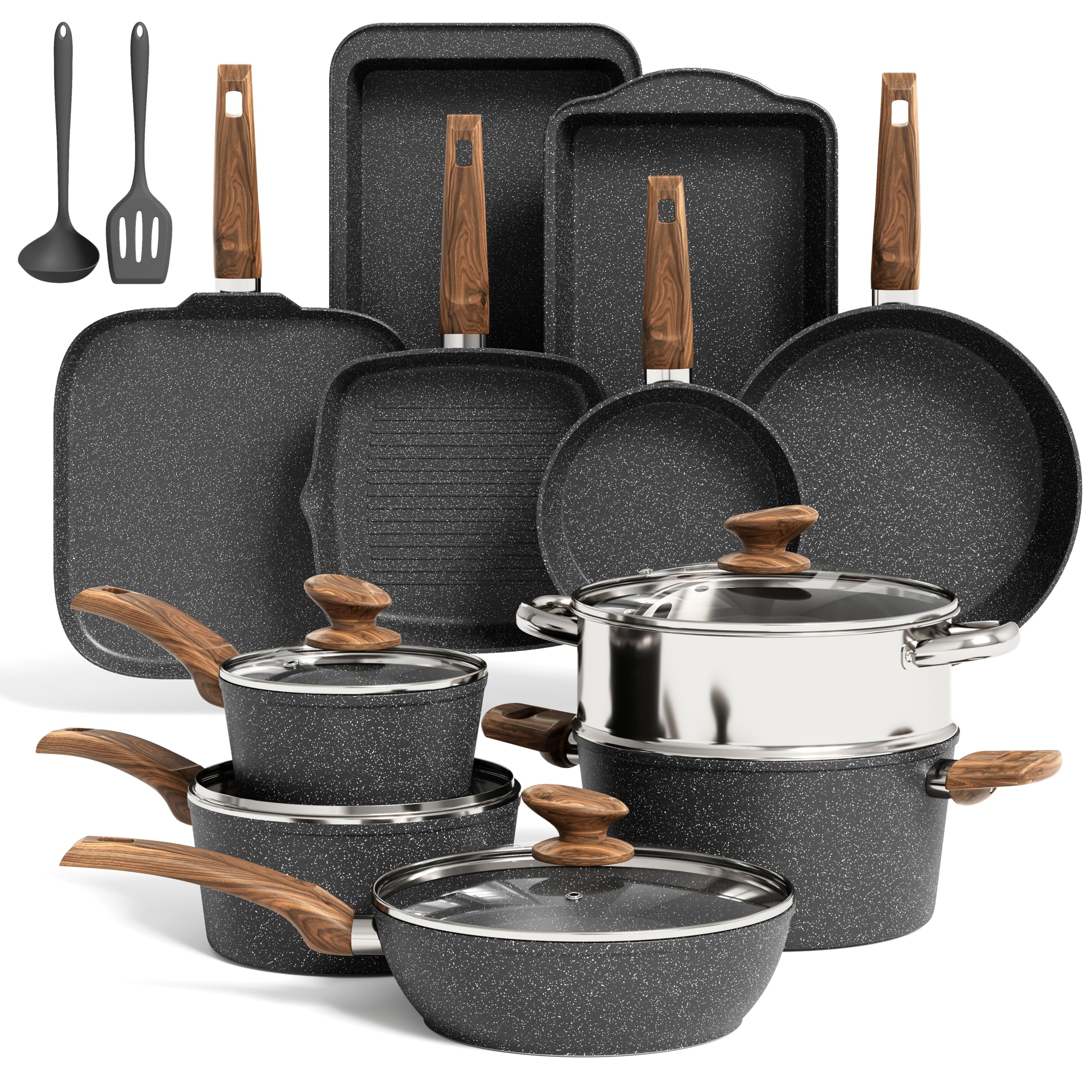 Kitchen Academy Induction Cookware Set Non Stick, 17Pcs Granite Pots & Pans