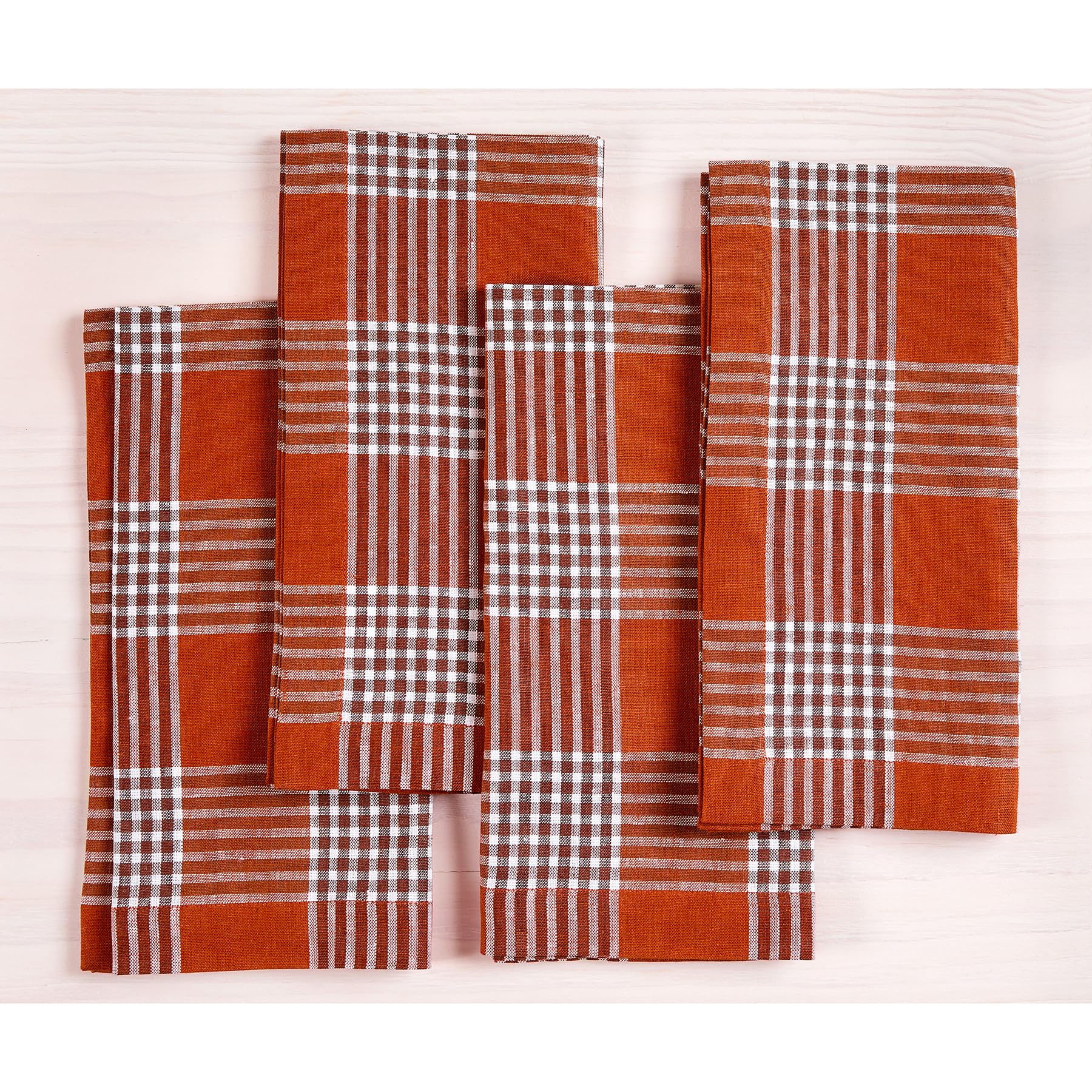 Solino Home Plaid Linen Dinner Napkins 20 X 20 Inch - 100% Pure Linen Nutmeg Glen Check Cloth Napkins Set Of 4 - Handcrafted And