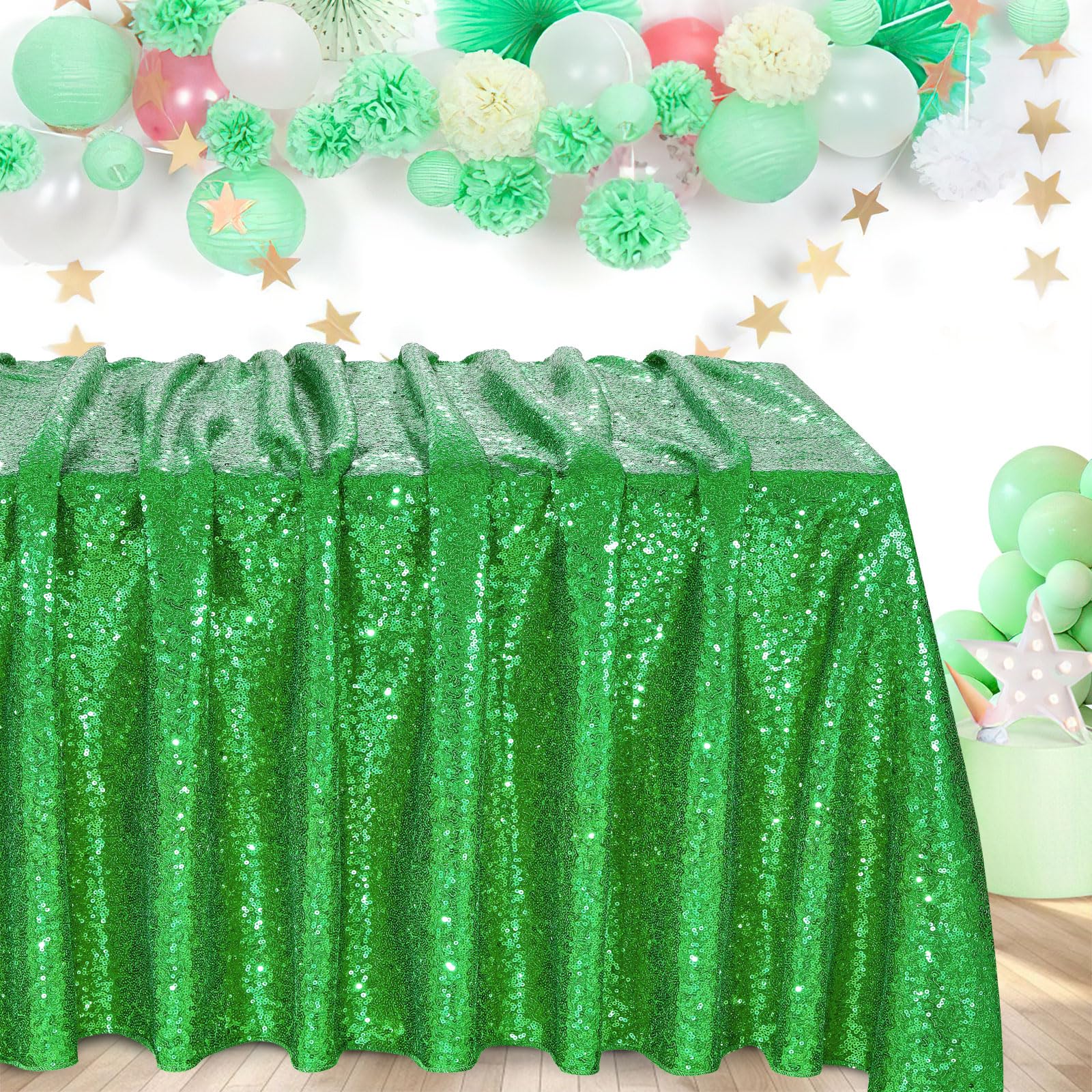 Queendream Rectangle Tablecloth 90X132 Inches Green Sequin Table Clothes Overlay Birthday Decorations