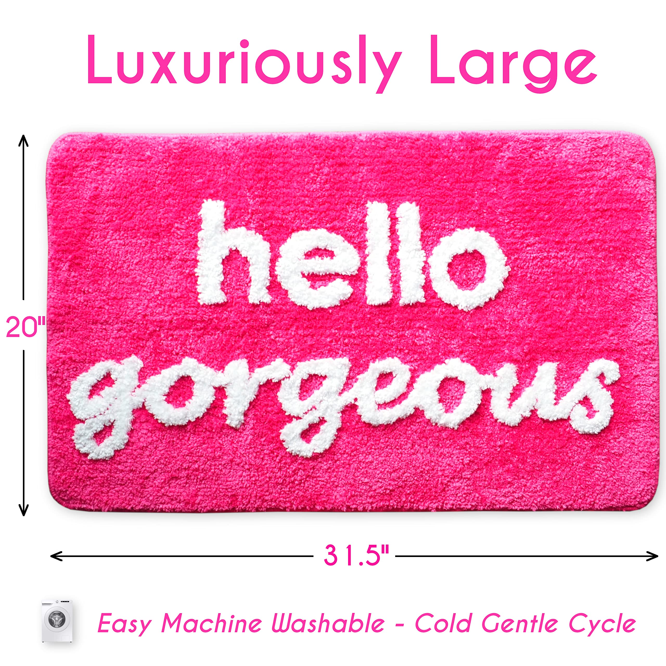 Hello Gorgeous Bath Mat Hot Pink Dark Magenta Fuchsia Blush Peach Coral Cute Beautiful Bathroom Rugs for Girls You Look Good Gorgeous Funny Shower Fun Bathroom Decor Non-Slip Washable Kids Women