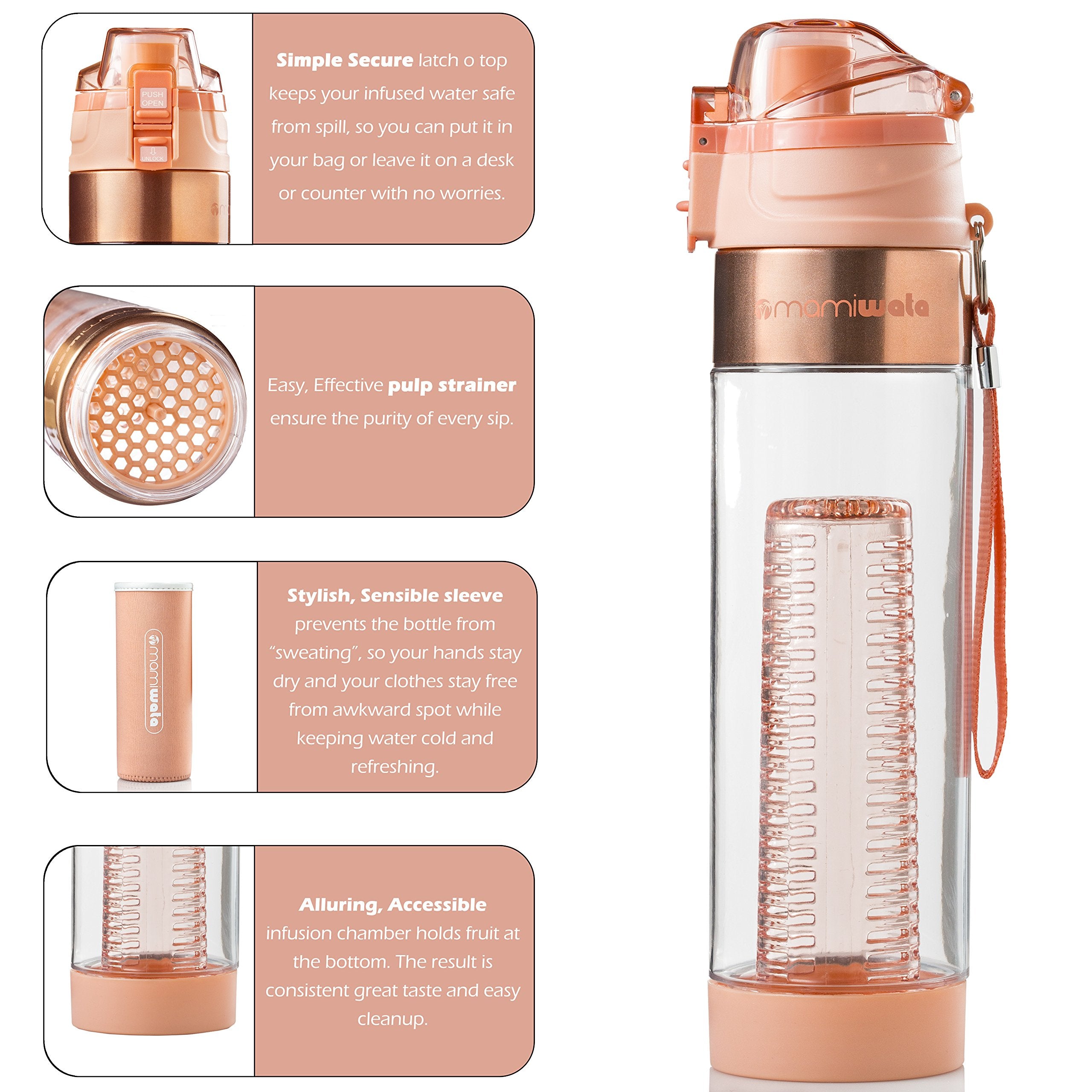 MAMI WATA Fruit Infuser Water Bottle - 24 oz - Tritan Plastic - Unique Stylish Design - Fruit Infused Water recipes eBook & Insu